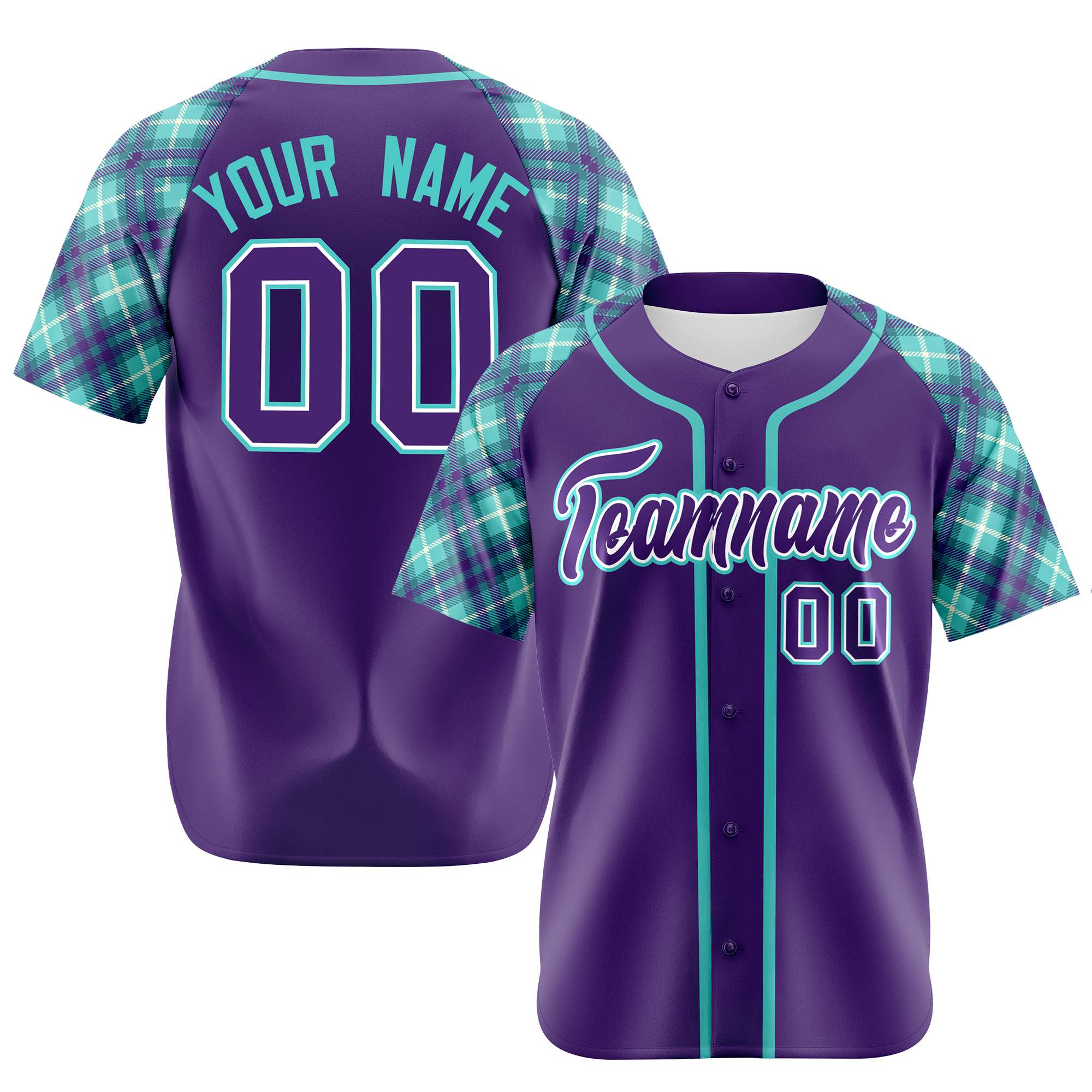 Custom Purple Aqua-White Authentic Plaid sleeve Baseball Jersey