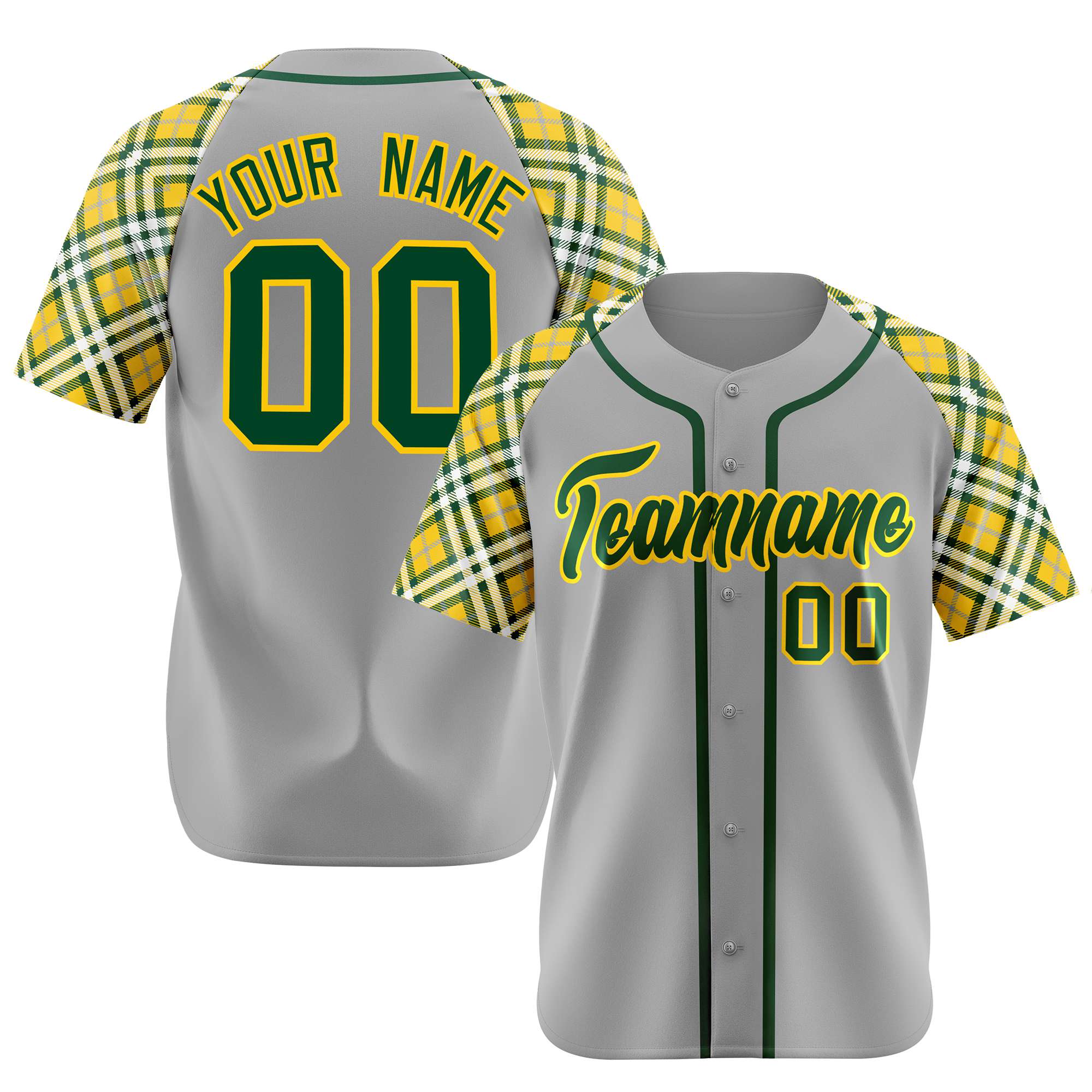 Custom Gray Yellow Kelly-Green Authentic Plaid sleeve Baseball Jersey