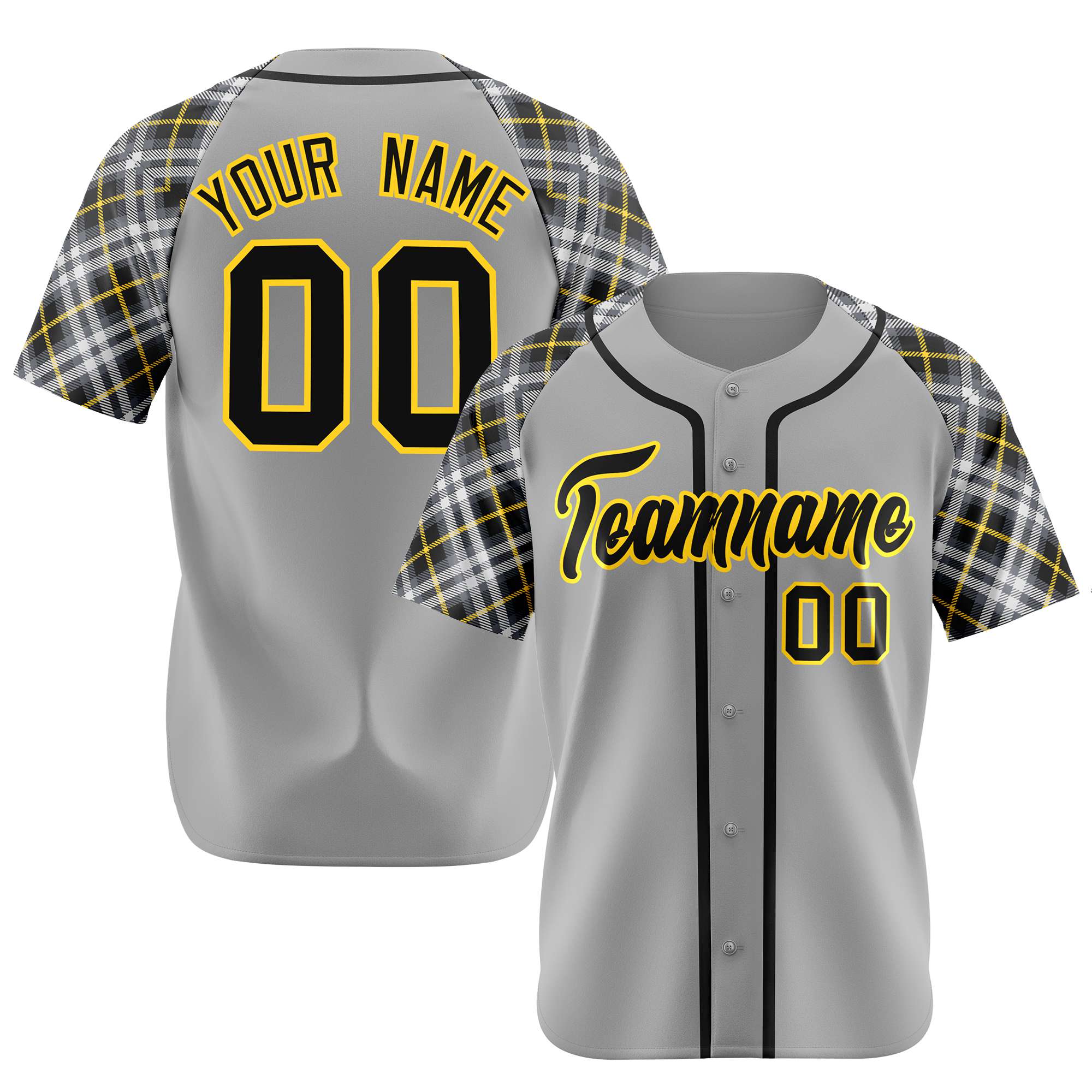 Custom Gray Black-Yellow Authentic Plaid sleeve Baseball Jersey