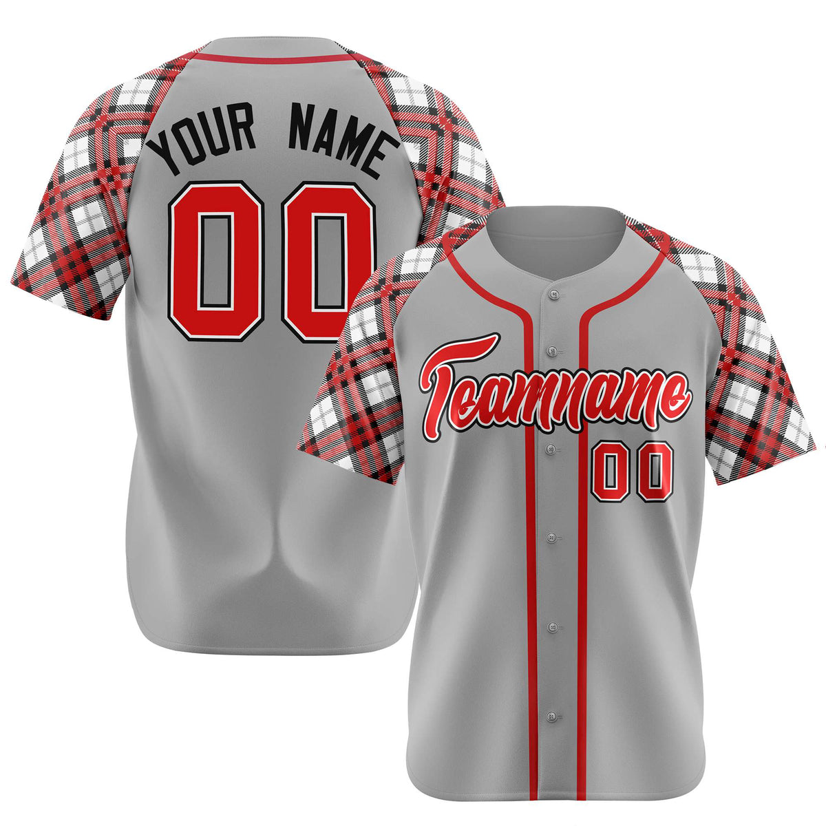 Custom Gray Red-Black Authentic Plaid sleeve Baseball Jersey