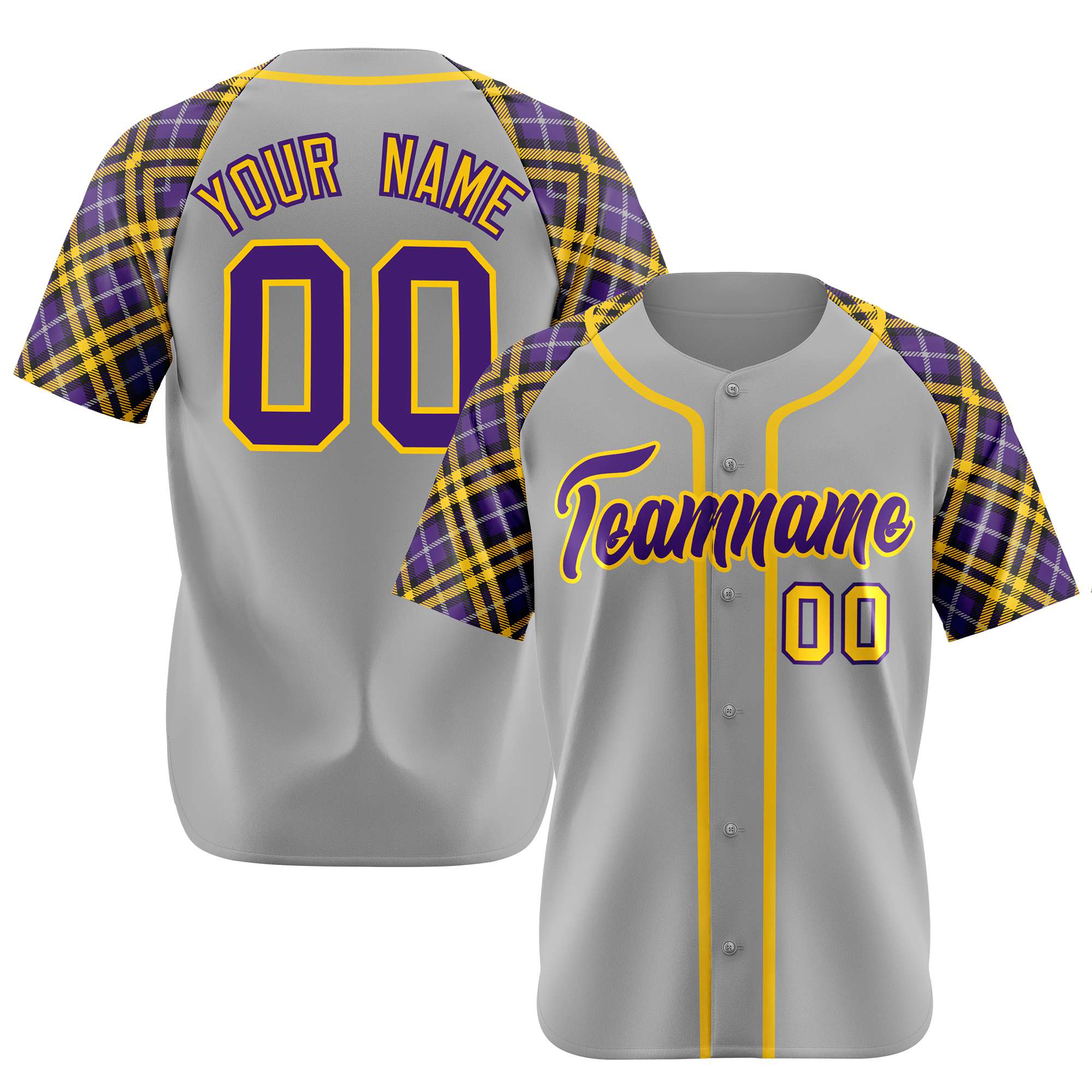 Custom Gray Purple-Yellow Authentic Plaid sleeve Baseball Jersey