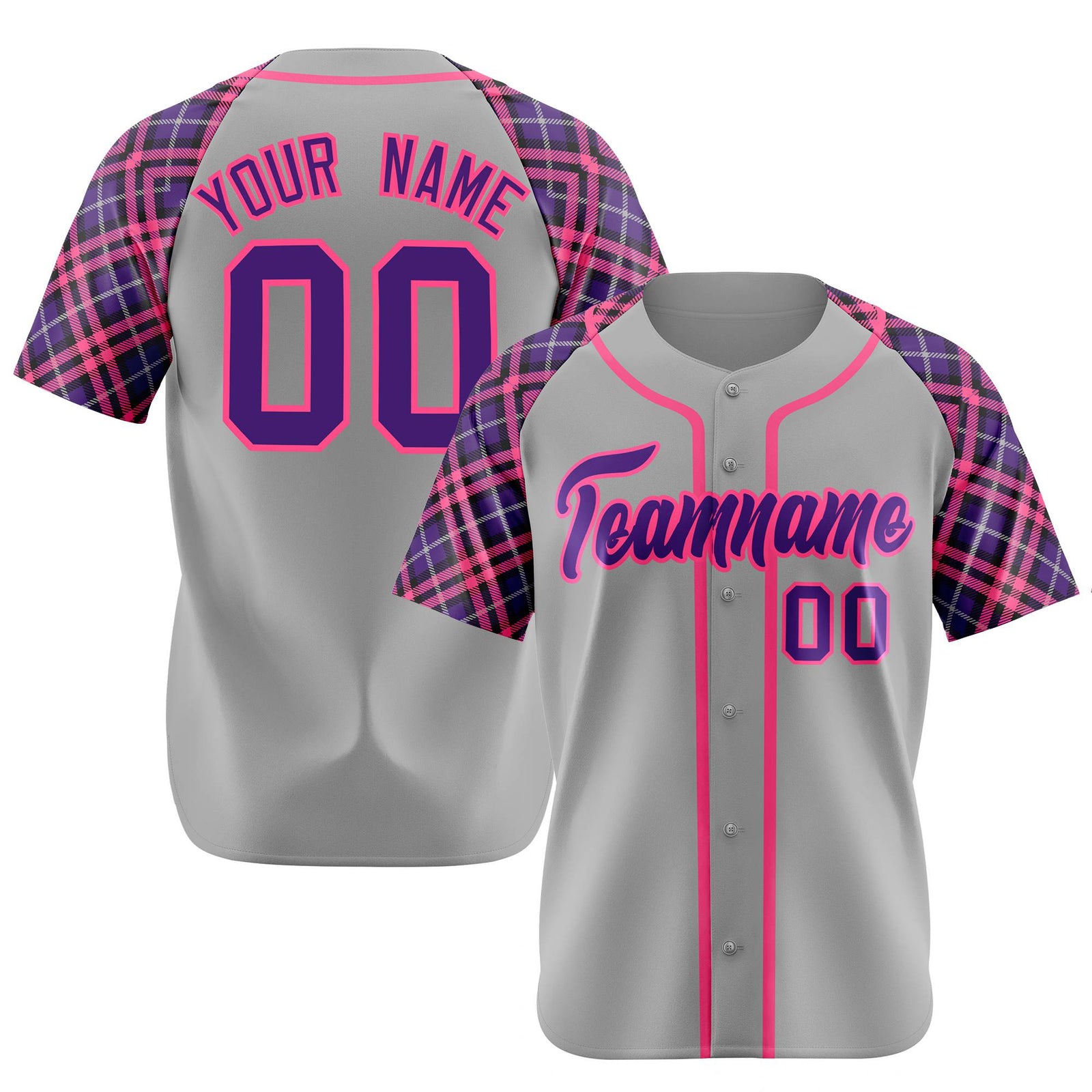 Custom Gray Pink-Purple Authentic Plaid sleeve Baseball Jersey