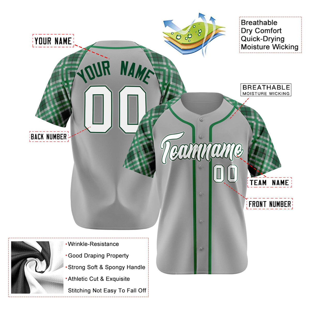 Custom Gray Green-White Authentic Plaid sleeve Baseball Jersey