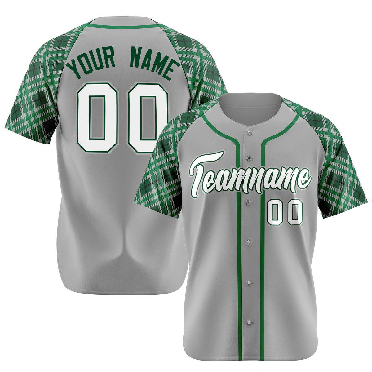 Custom Gray Green-White Authentic Plaid sleeve Baseball Jersey