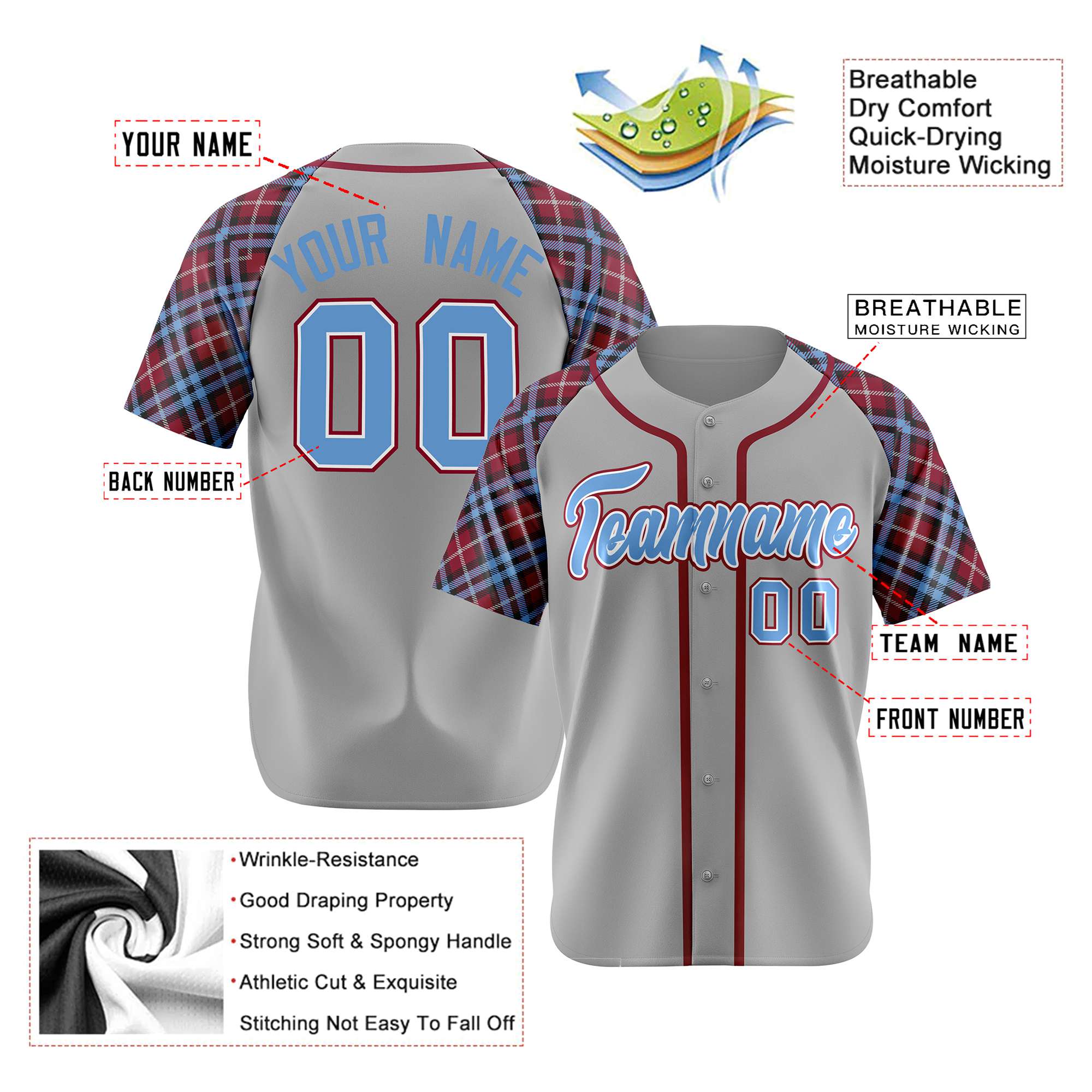 Custom Gray Blue-Red Authentic Plaid sleeve Baseball Jersey