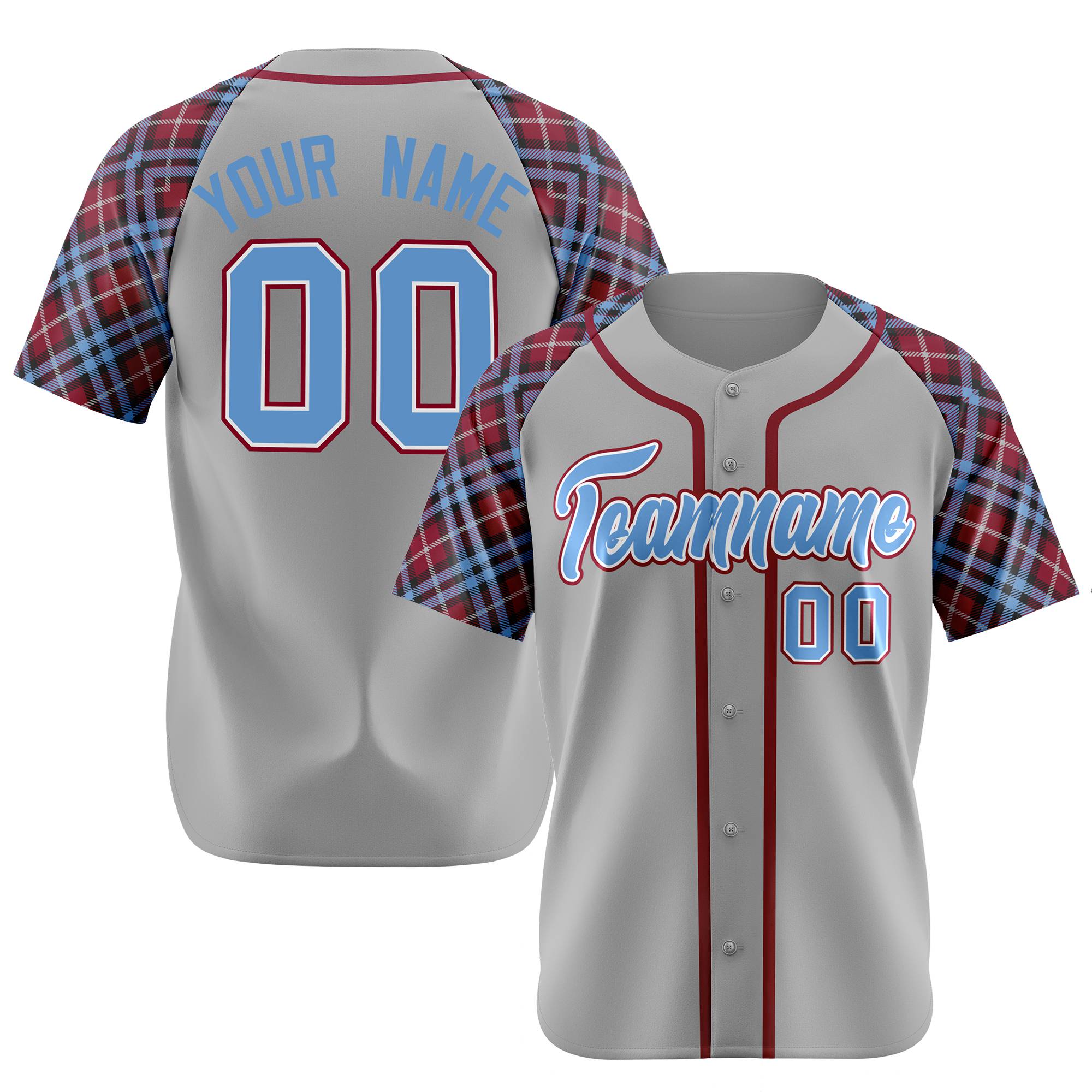 Custom Gray Blue-Red Authentic Plaid sleeve Baseball Jersey