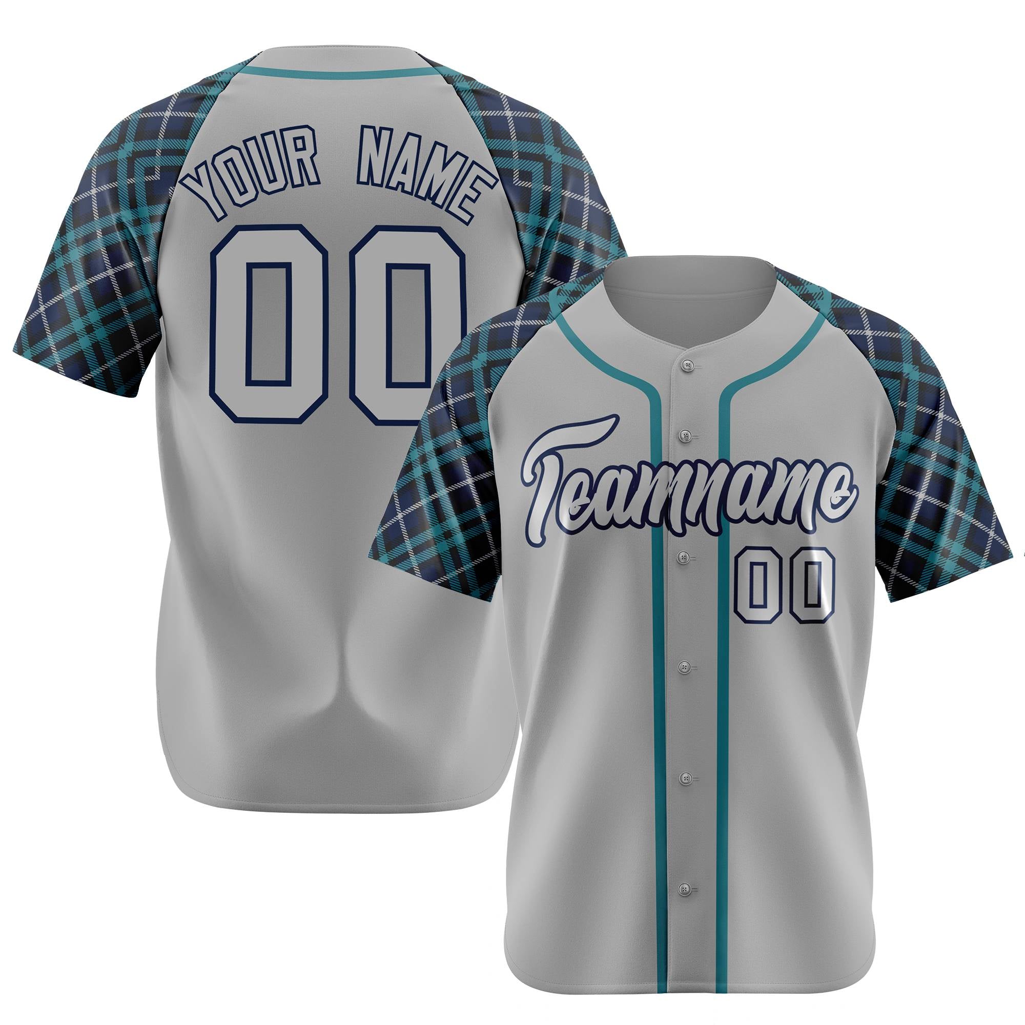 Custom Gray Green-Navy Authentic Plaid sleeve Baseball Jersey