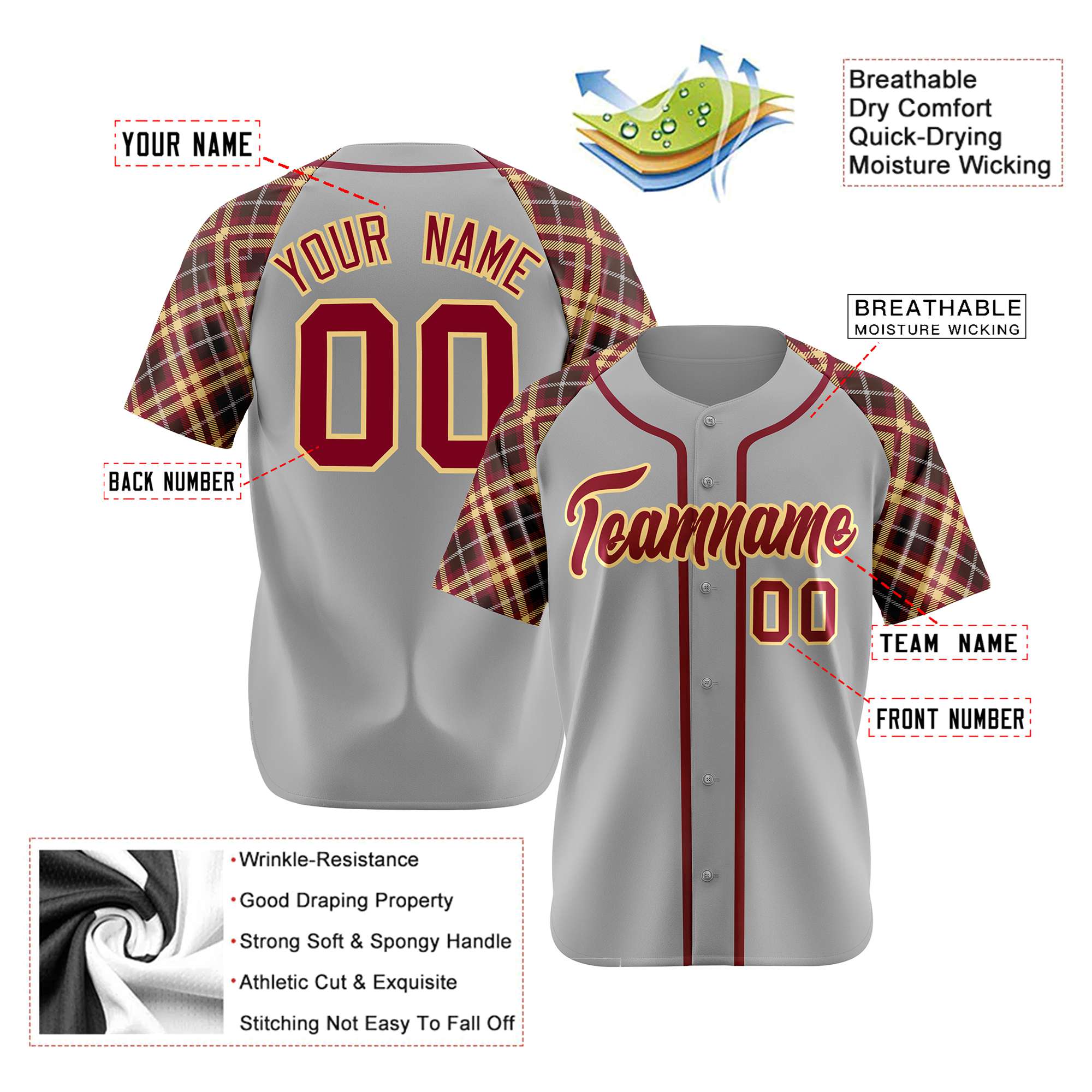 Custom Gray Crimson-Yellow Authentic Plaid sleeve Baseball Jersey