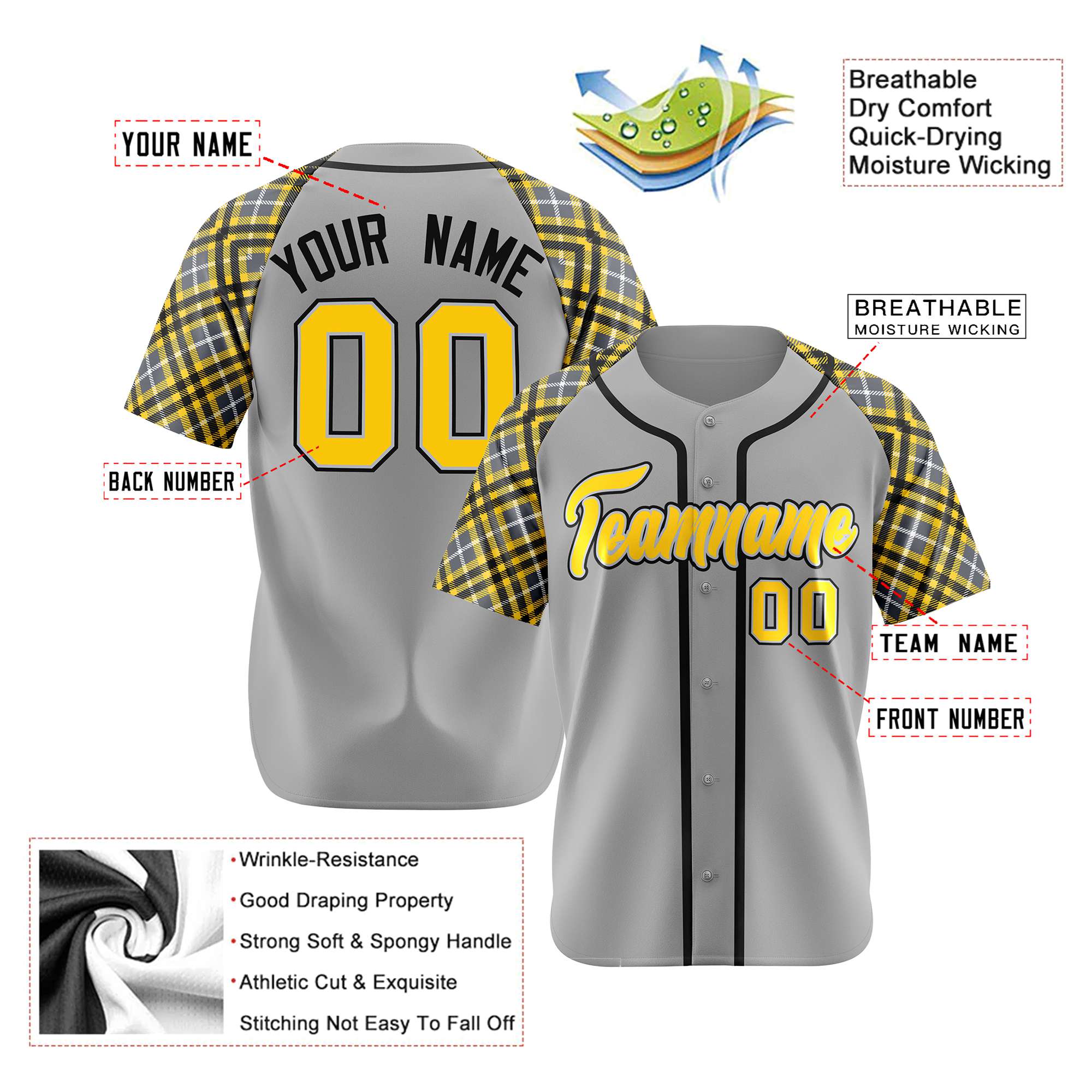 Custom Gray Yellow-Black White Authentic Plaid sleeve Baseball Jersey