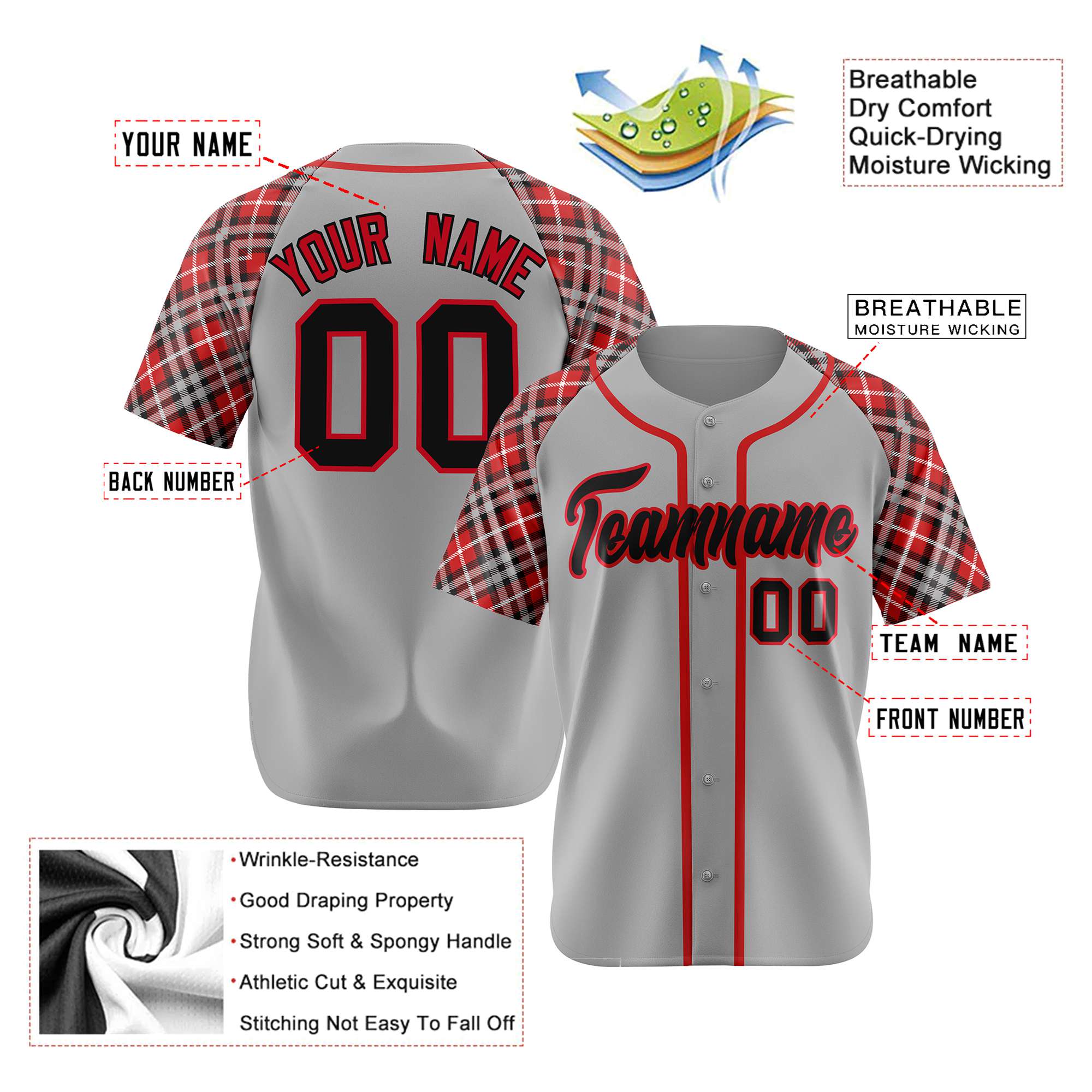 Custom Gray Fire Red Black Authentic Plaid sleeve Baseball Jersey