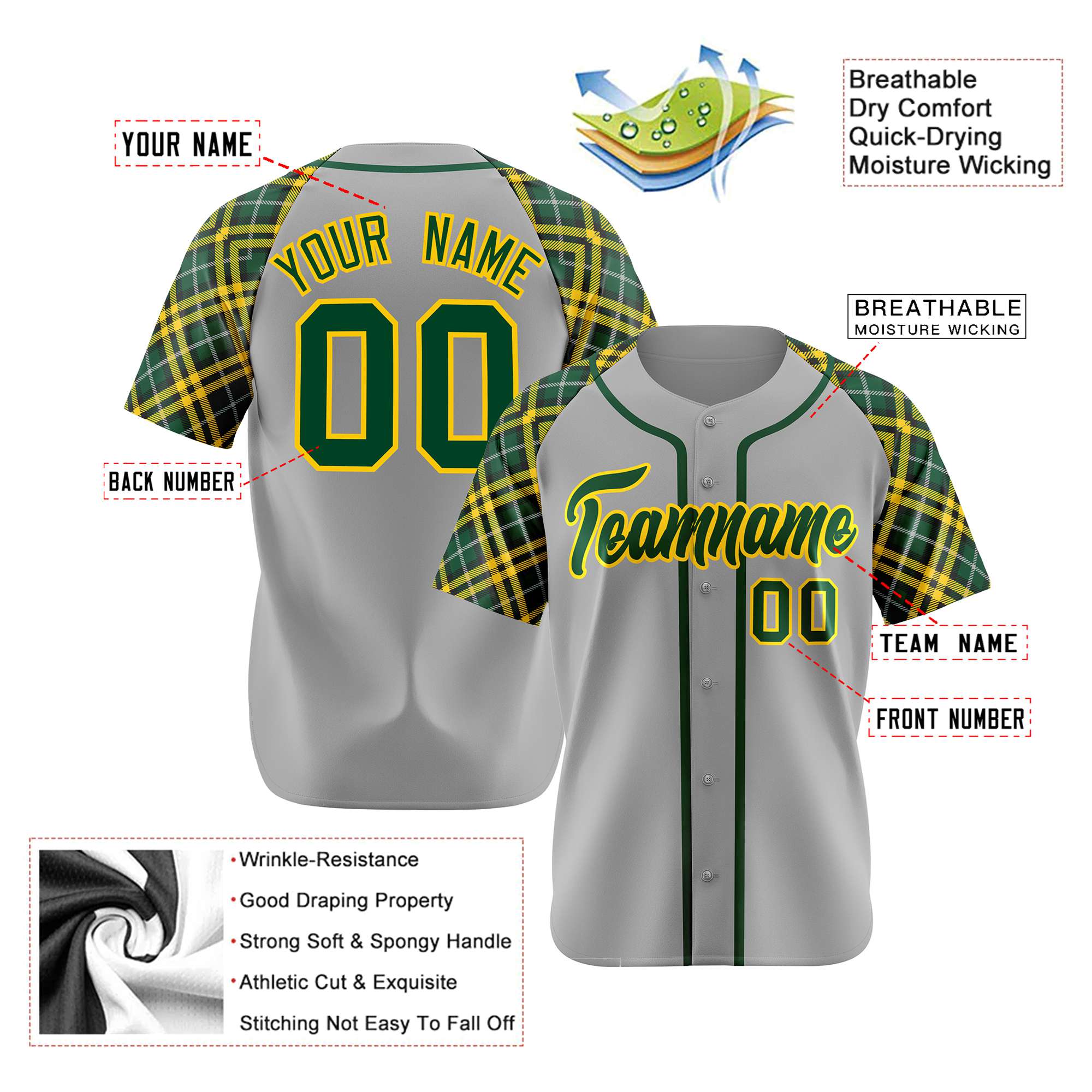 Custom Gray Green-Gold Authentic Plaid sleeve Baseball Jersey