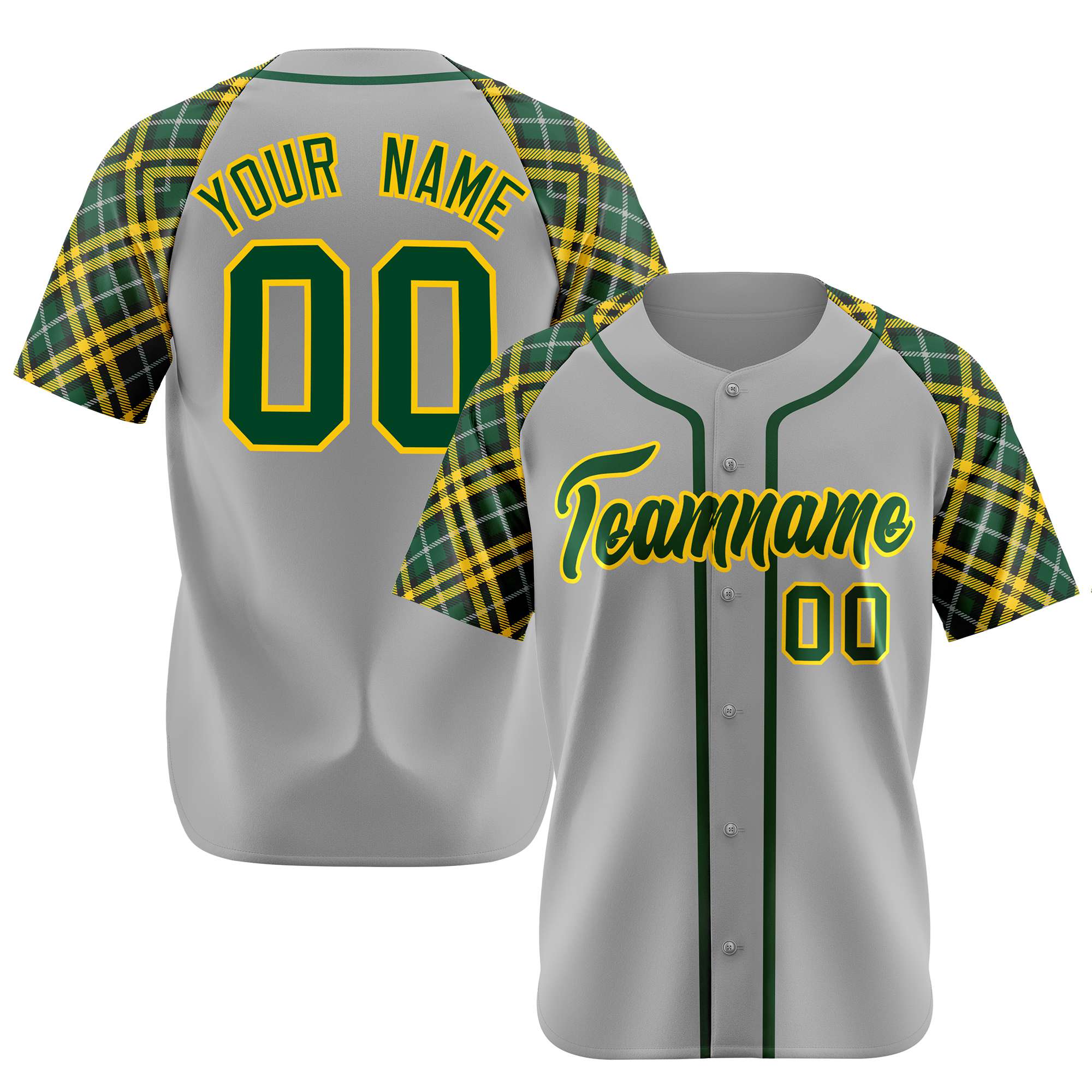 Custom Gray Green-Gold Authentic Plaid sleeve Baseball Jersey