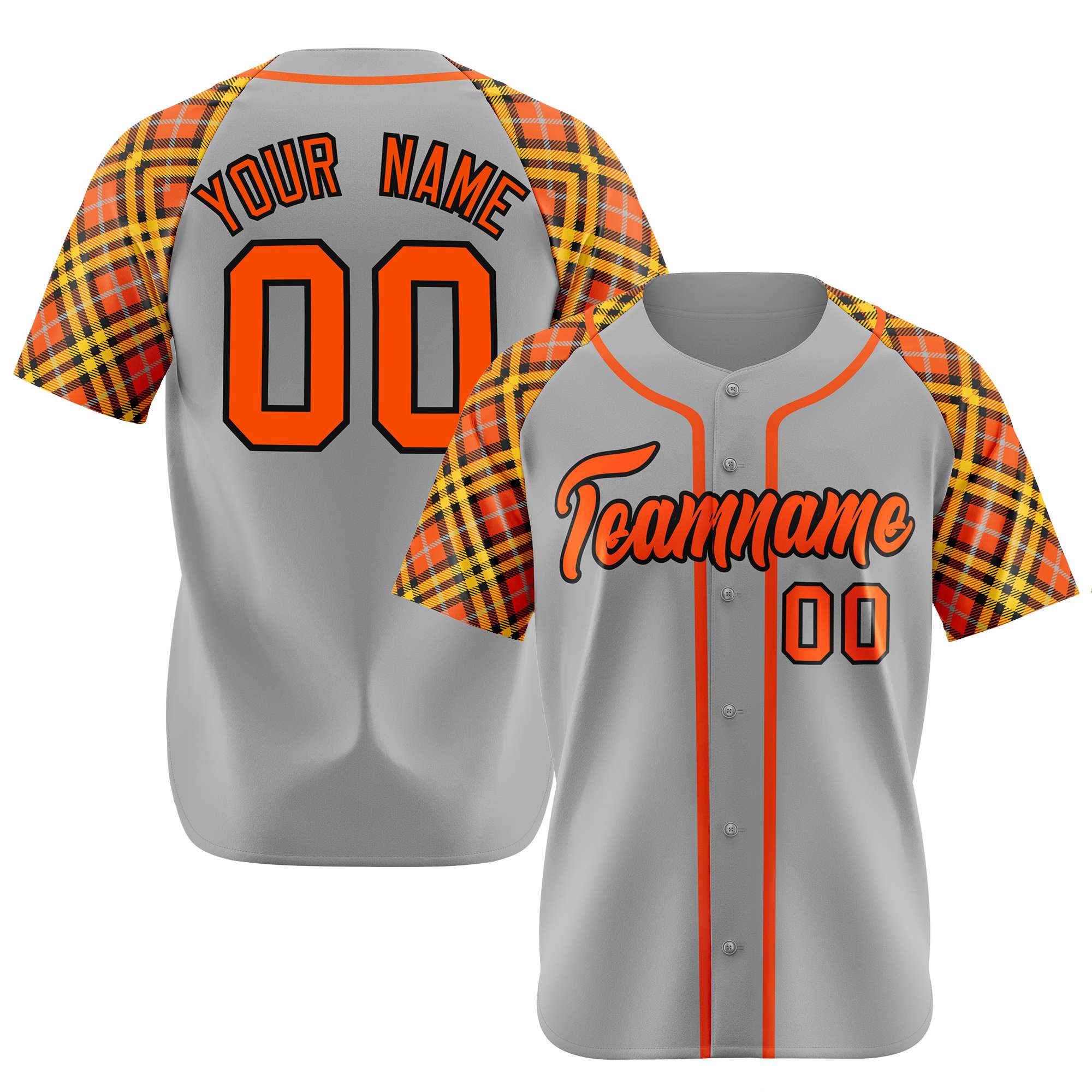 Custom Gray Orange-Yellow Authentic Plaid sleeve Baseball Jersey