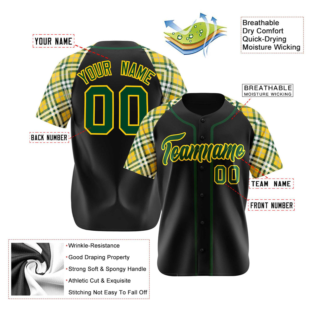 Custom Black Yellow Midnight-Green Authentic Plaid sleeve Baseball Jersey