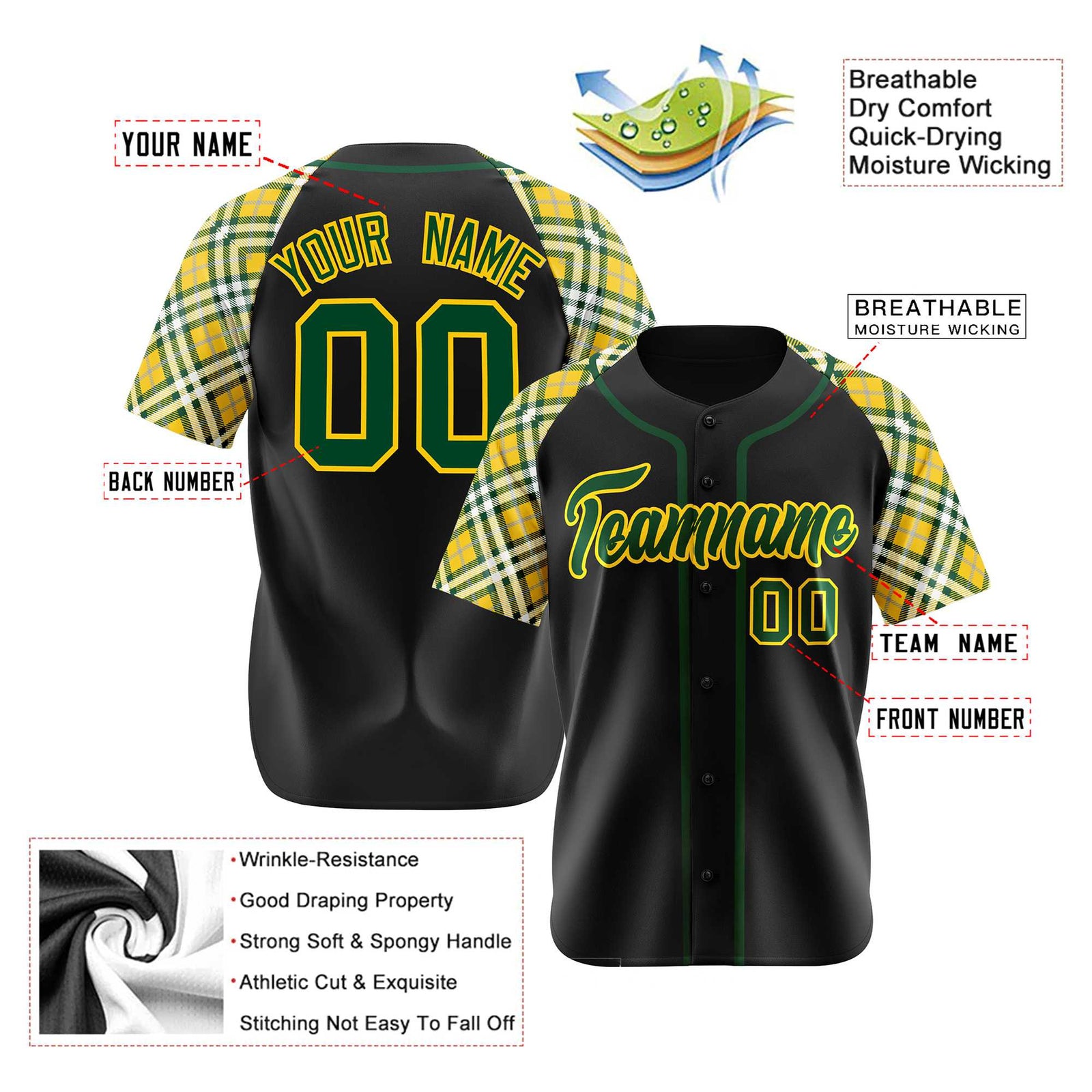 Custom Black Yellow Midnight-Green Authentic Plaid sleeve Baseball Jersey