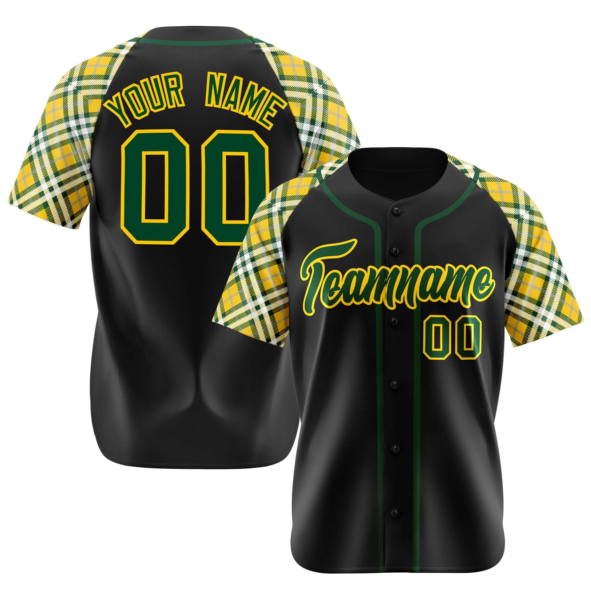 Custom Black Yellow Midnight-Green Authentic Plaid sleeve Baseball Jersey