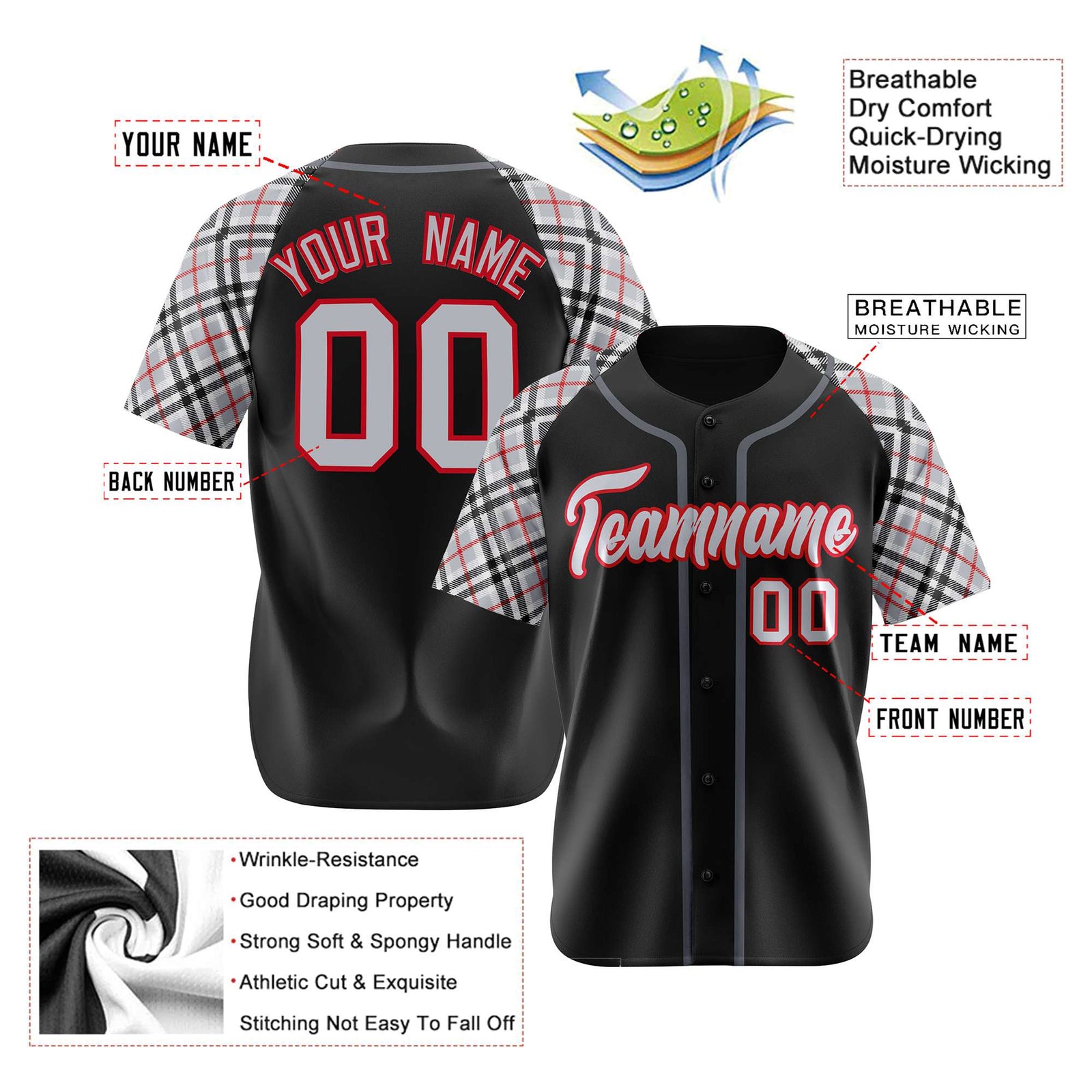 Custom Black Gray-Red Authentic Plaid sleeve Baseball Jersey