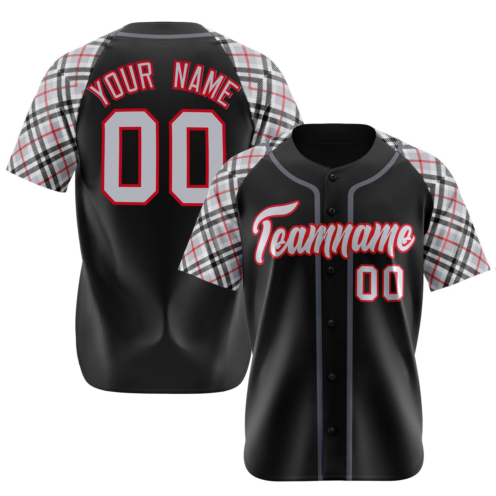 Custom Black Gray-Red Authentic Plaid sleeve Baseball Jersey