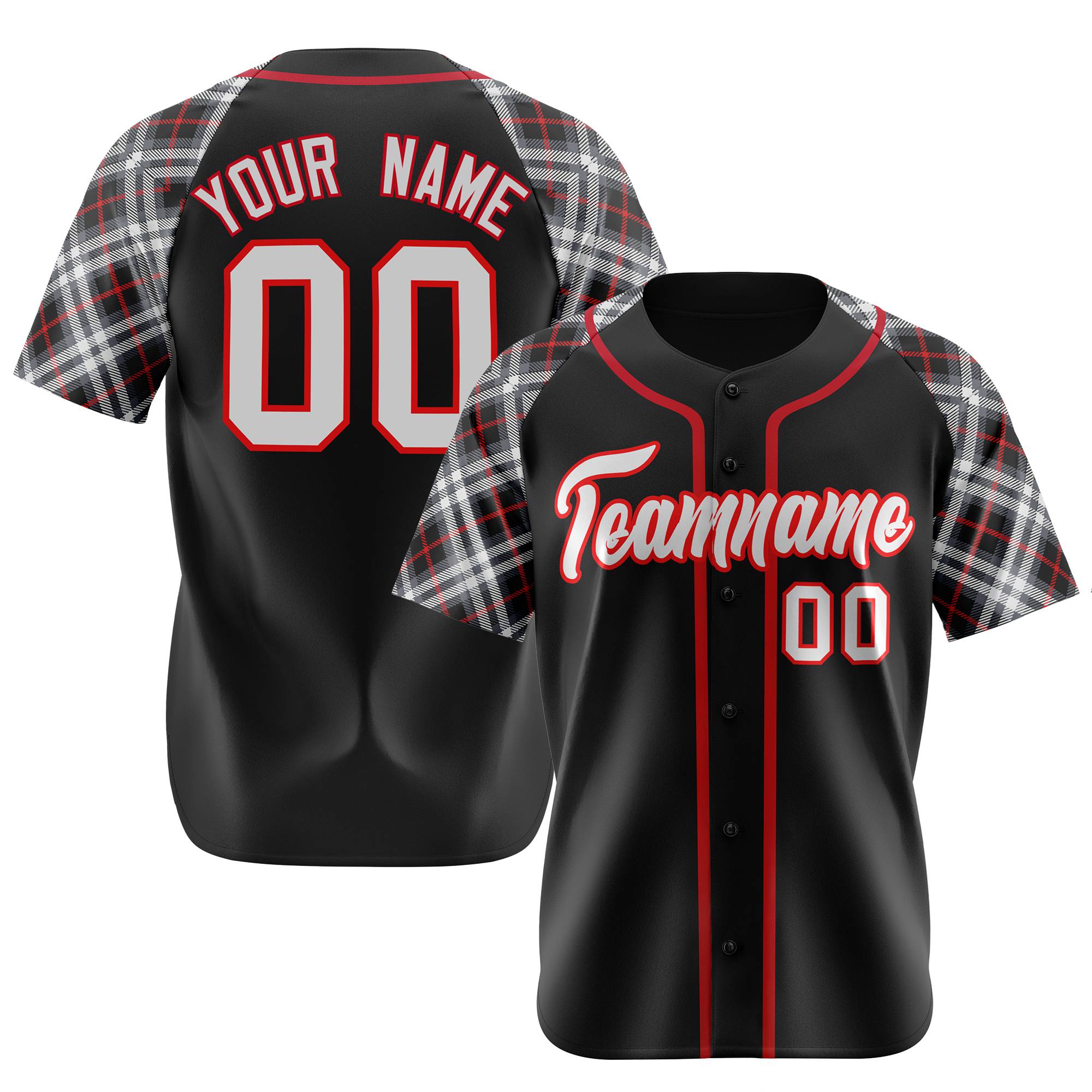Custom Black Red-White Authentic Plaid sleeve Baseball Jersey