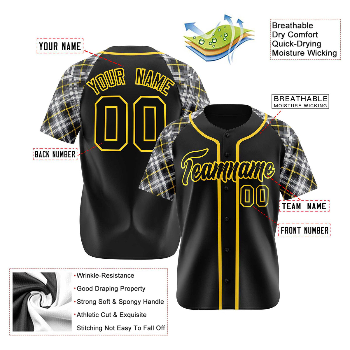 Custom Black Yellow-White Authentic Plaid sleeve Baseball Jersey