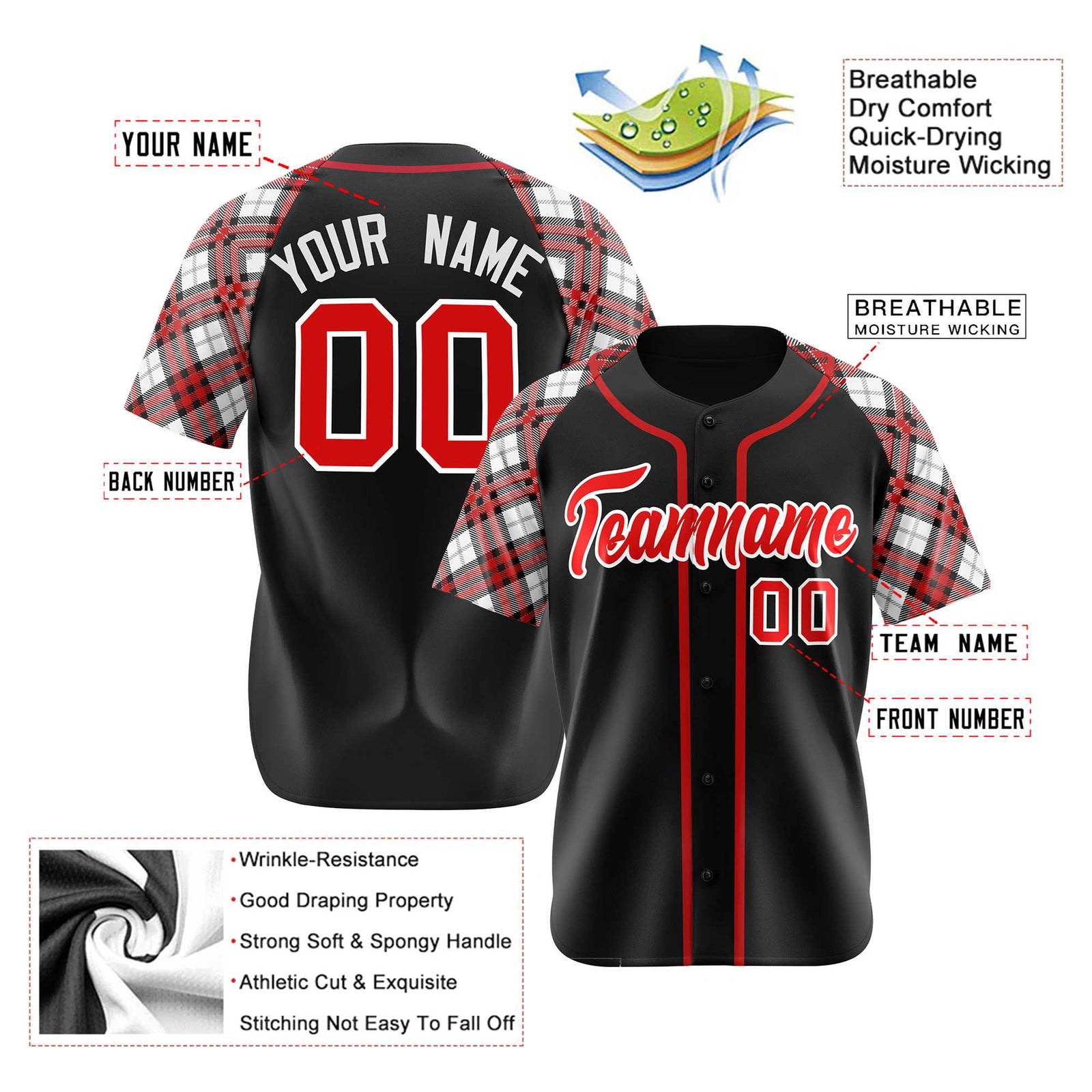 Custom Black Fire-Red White Authentic Plaid sleeve Baseball Jersey