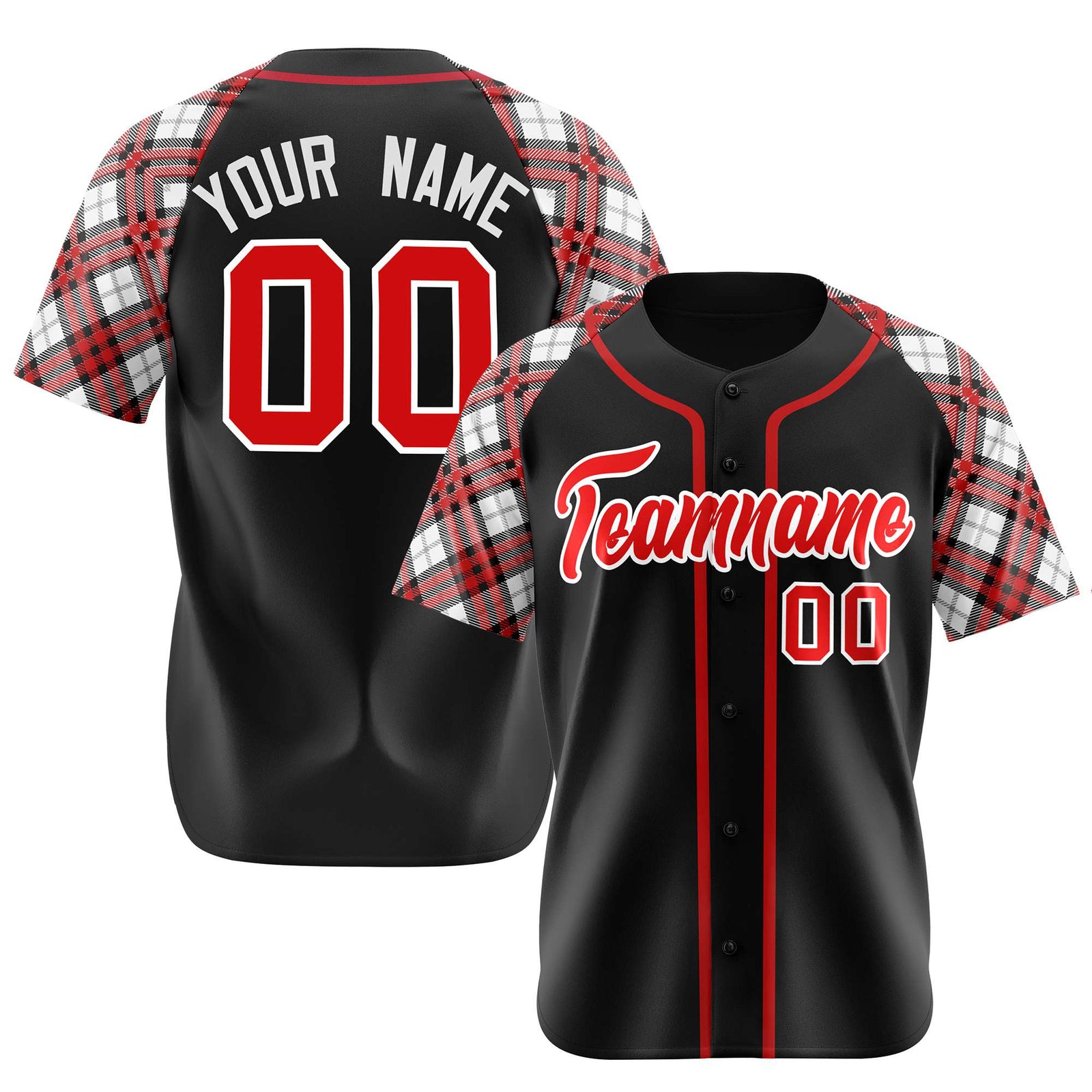Custom Black Fire-Red White Authentic Plaid sleeve Baseball Jersey