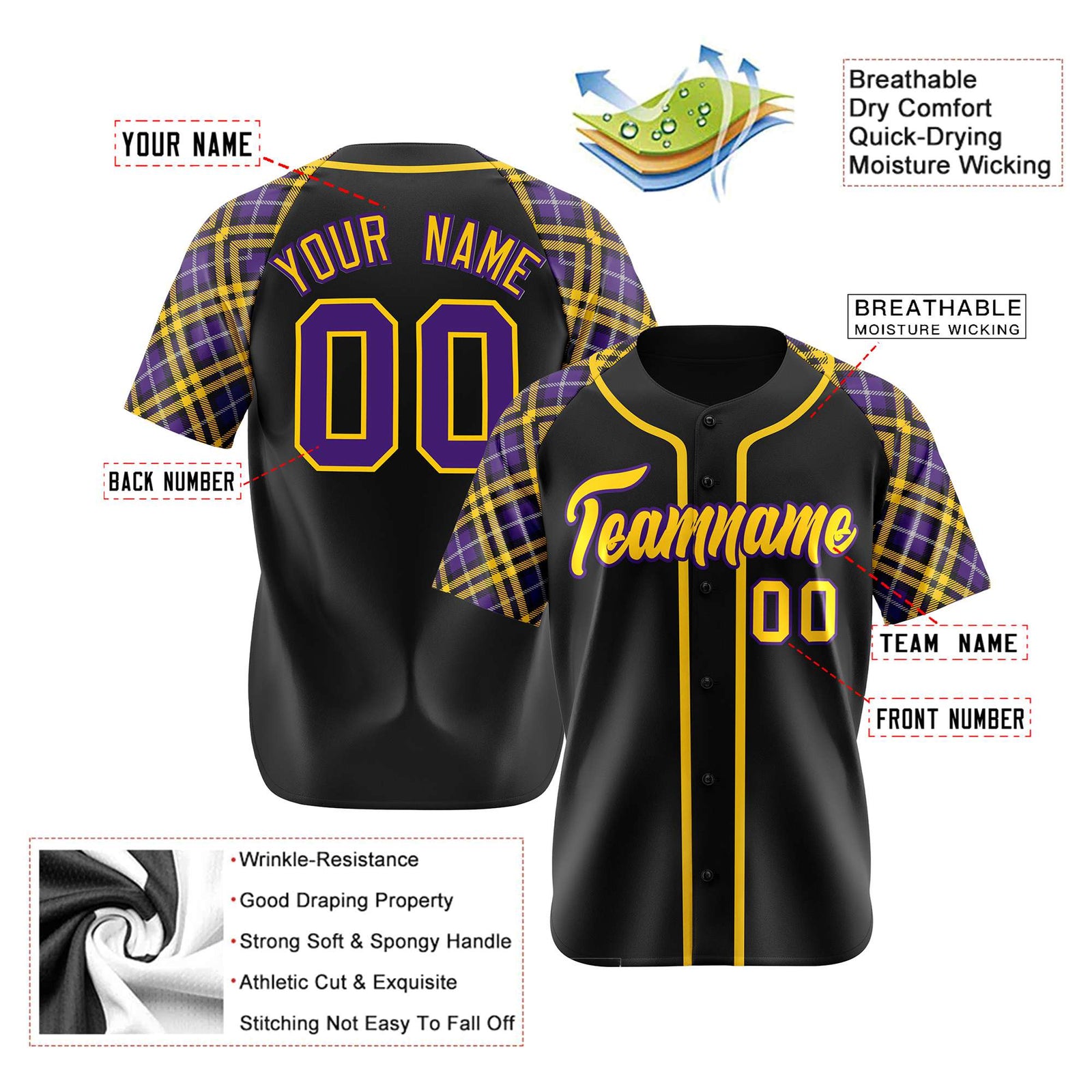 Custom Black Purple-Yellow Authentic Plaid sleeve Baseball Jersey
