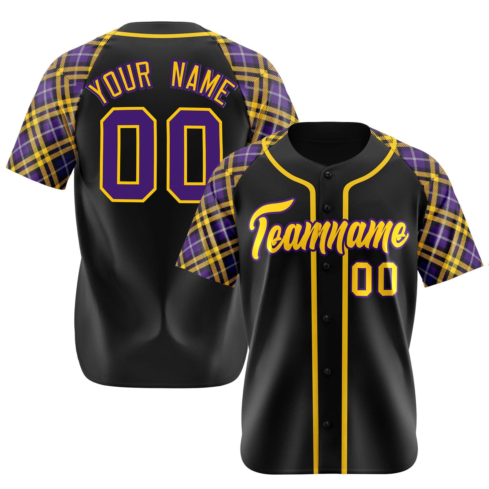 Custom Black Purple-Yellow Authentic Plaid sleeve Baseball Jersey