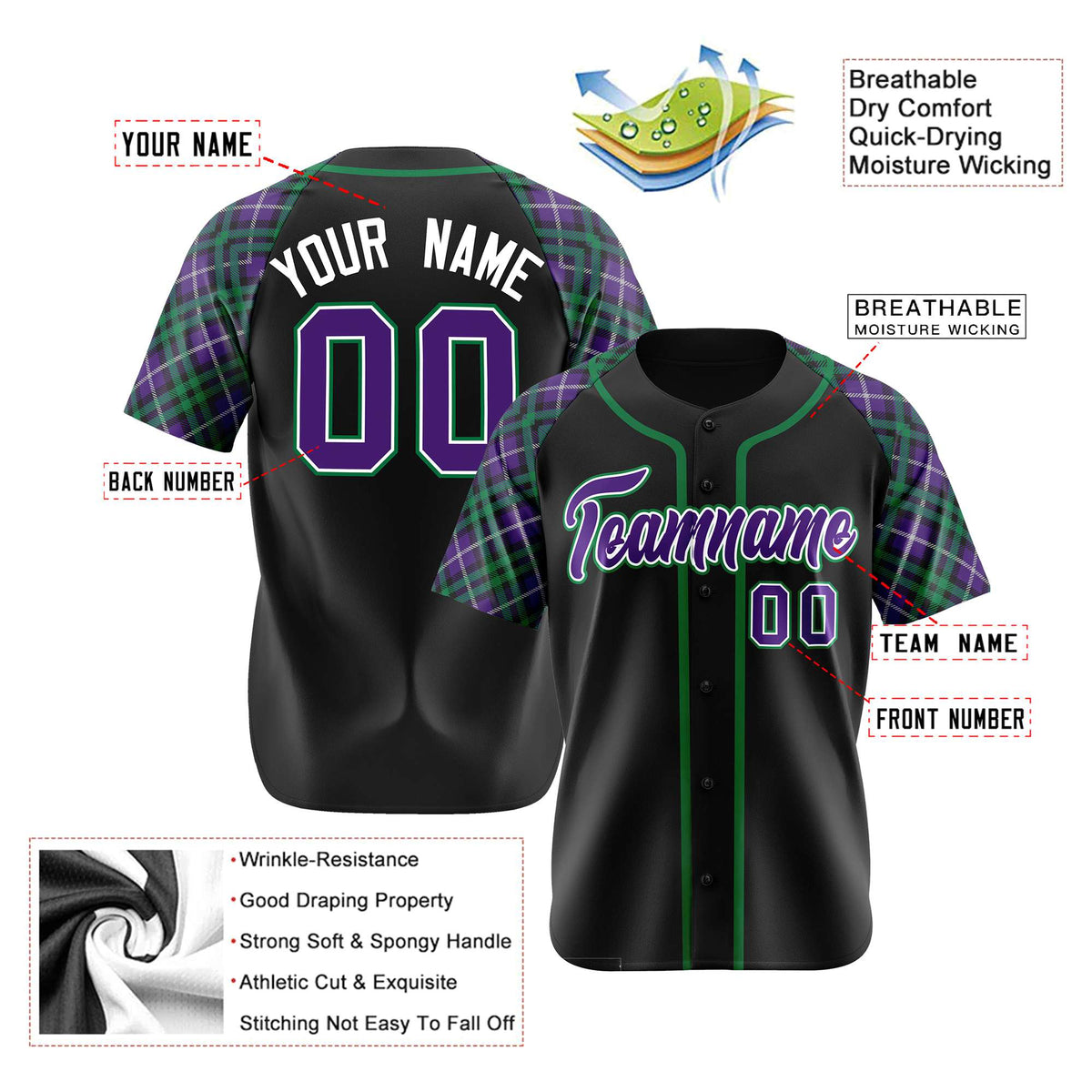 Custom Black Purple-Green Authentic Plaid sleeve Baseball Jersey