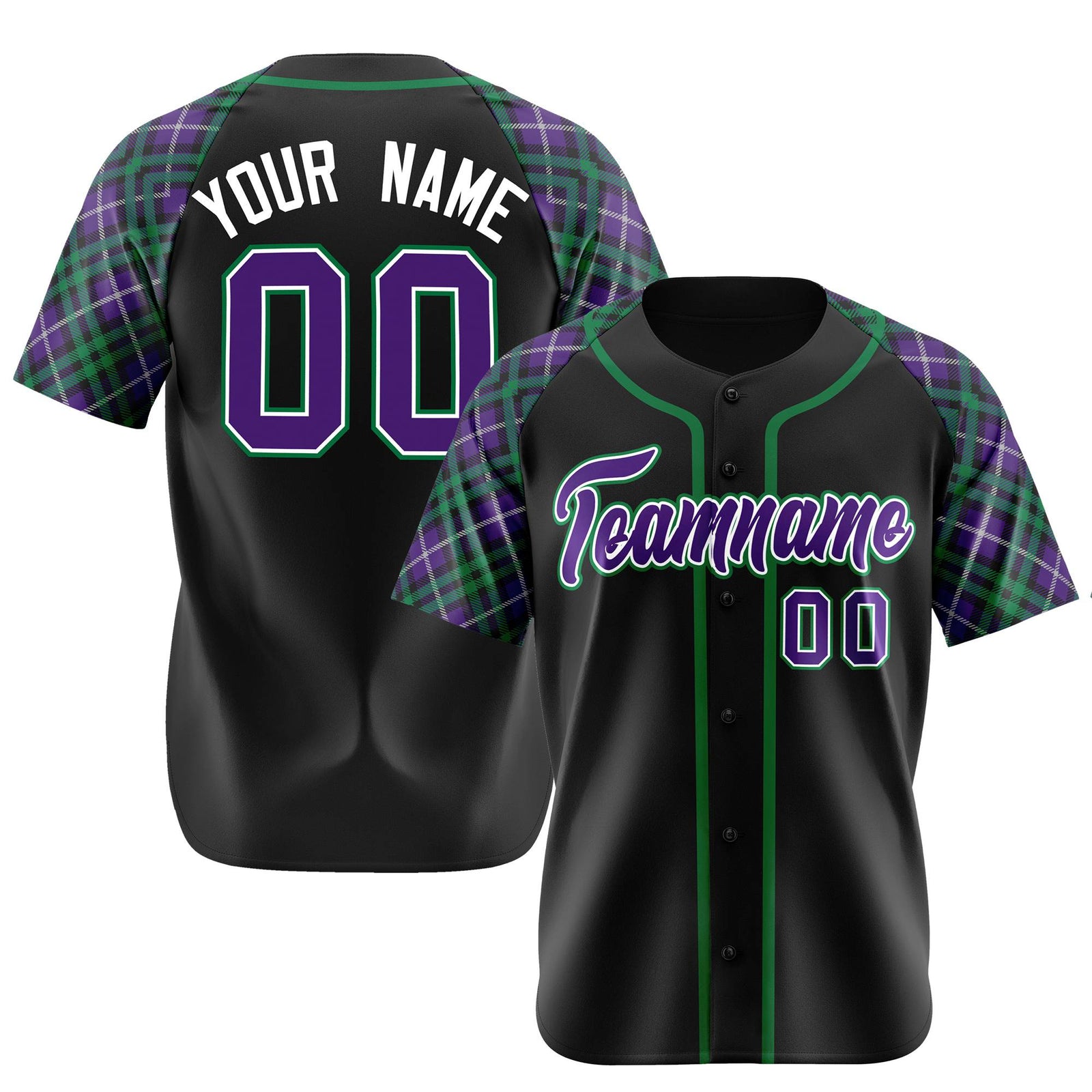 Custom Black Purple-Green Authentic Plaid sleeve Baseball Jersey
