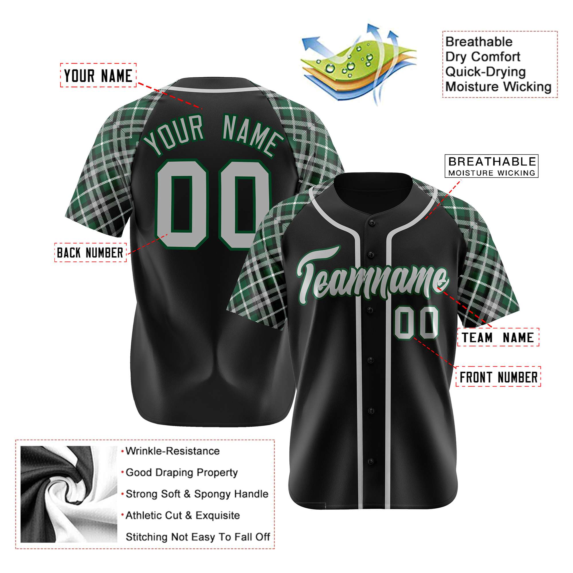 Custom Black Gray-Green Authentic Plaid sleeve Baseball Jersey