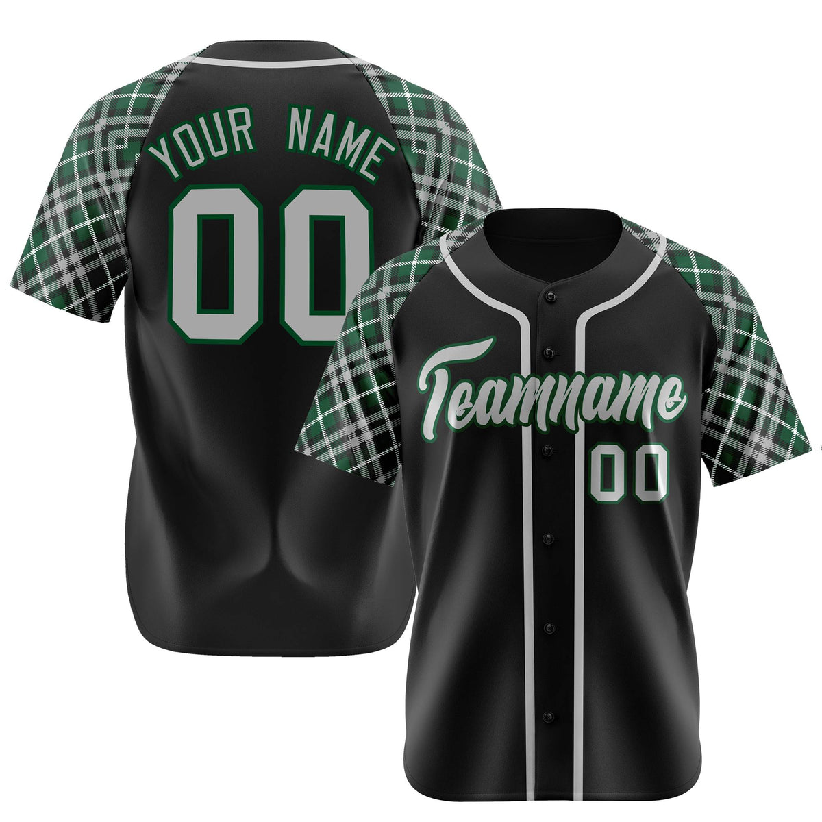 Custom Black Gray-Green Authentic Plaid sleeve Baseball Jersey