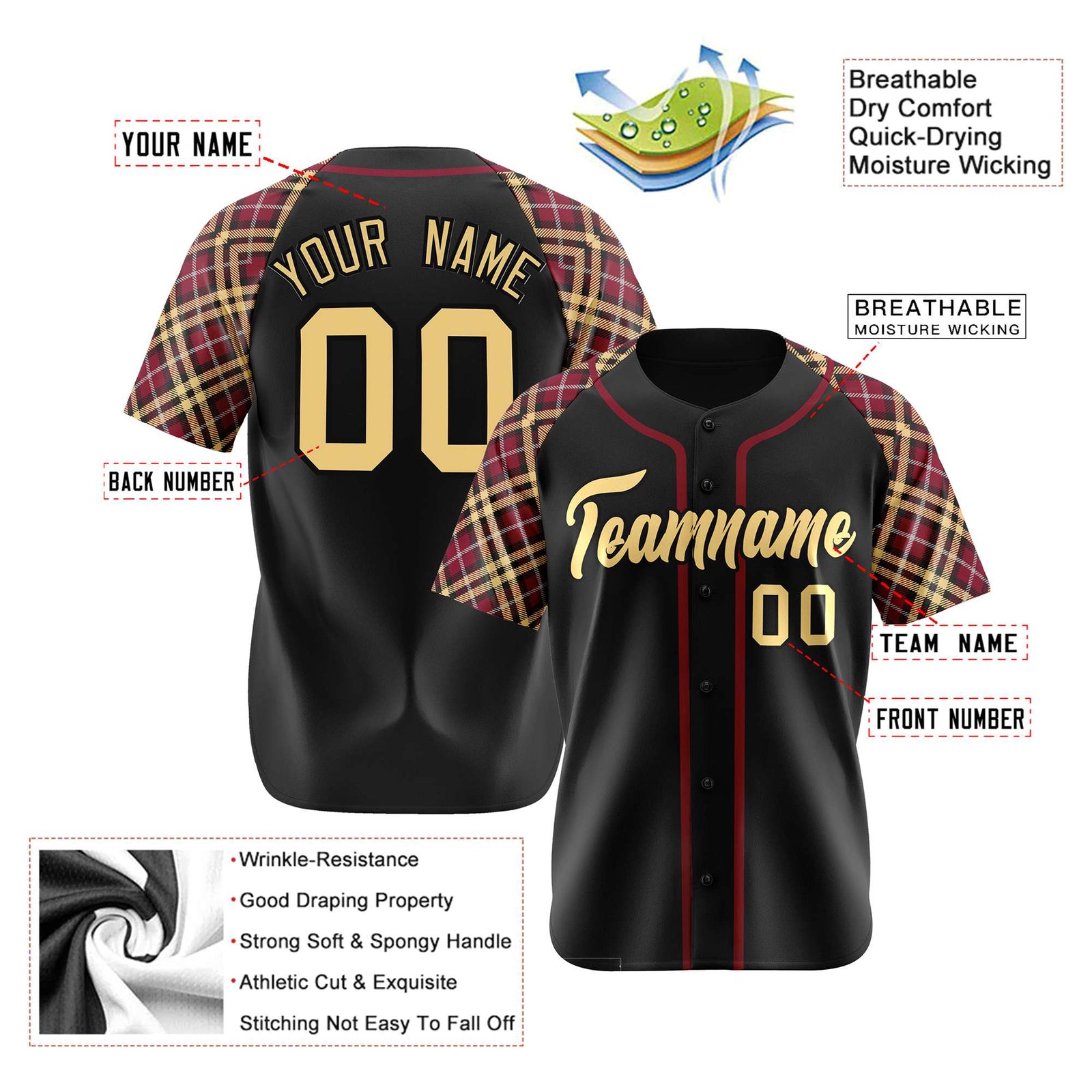 Custom Black Crimson Old-Gold Authentic Plaid sleeve Baseball Jersey