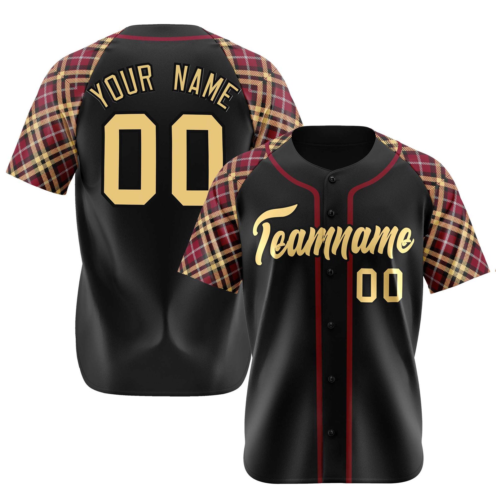 Custom Black Crimson Old-Gold Authentic Plaid sleeve Baseball Jersey