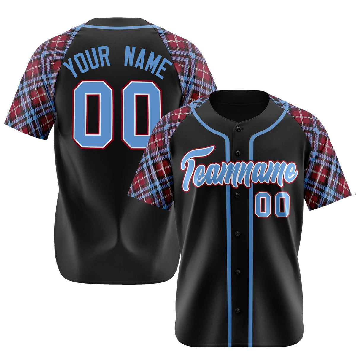 Custom Black Crimson-Blue White Authentic Plaid sleeve Baseball Jersey