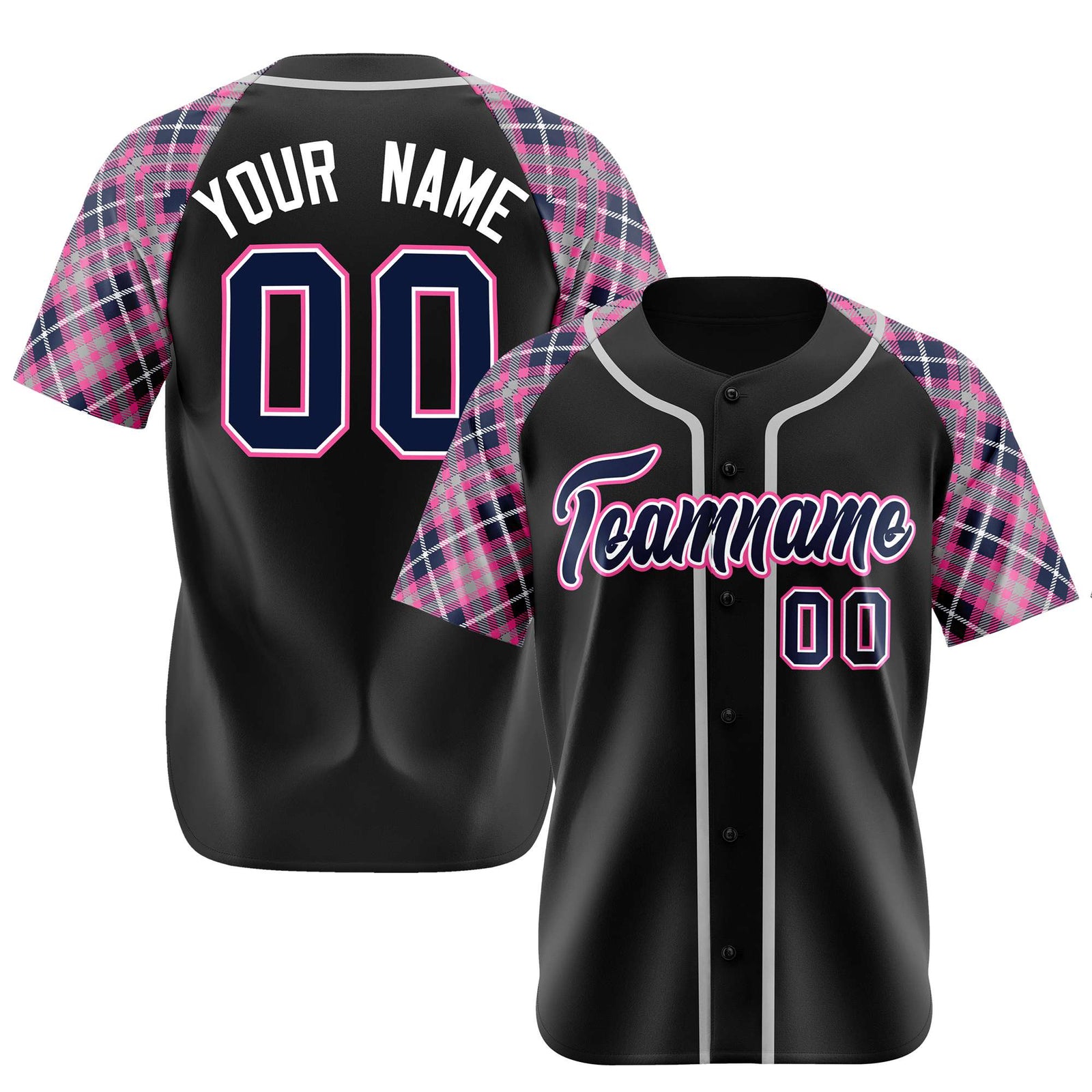 Custom Black Pink-Navy White Authentic Plaid sleeve Baseball Jersey