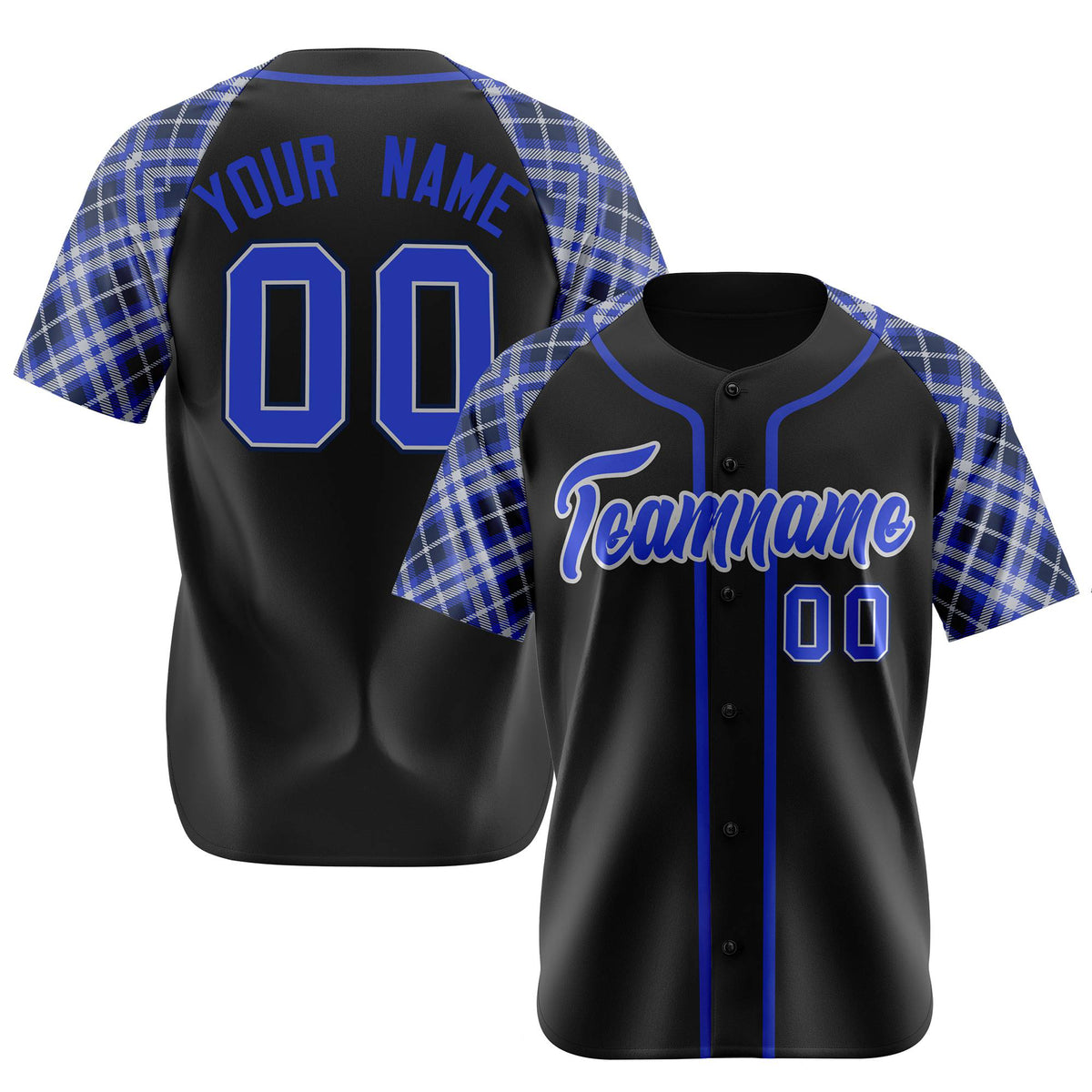 Custom Black Purple-White Authentic Plaid sleeve Baseball Jersey