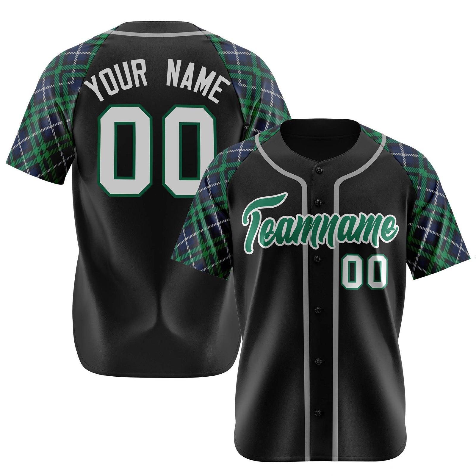 Custom Black Green-Gray Navy Authentic Plaid sleeve Baseball Jersey