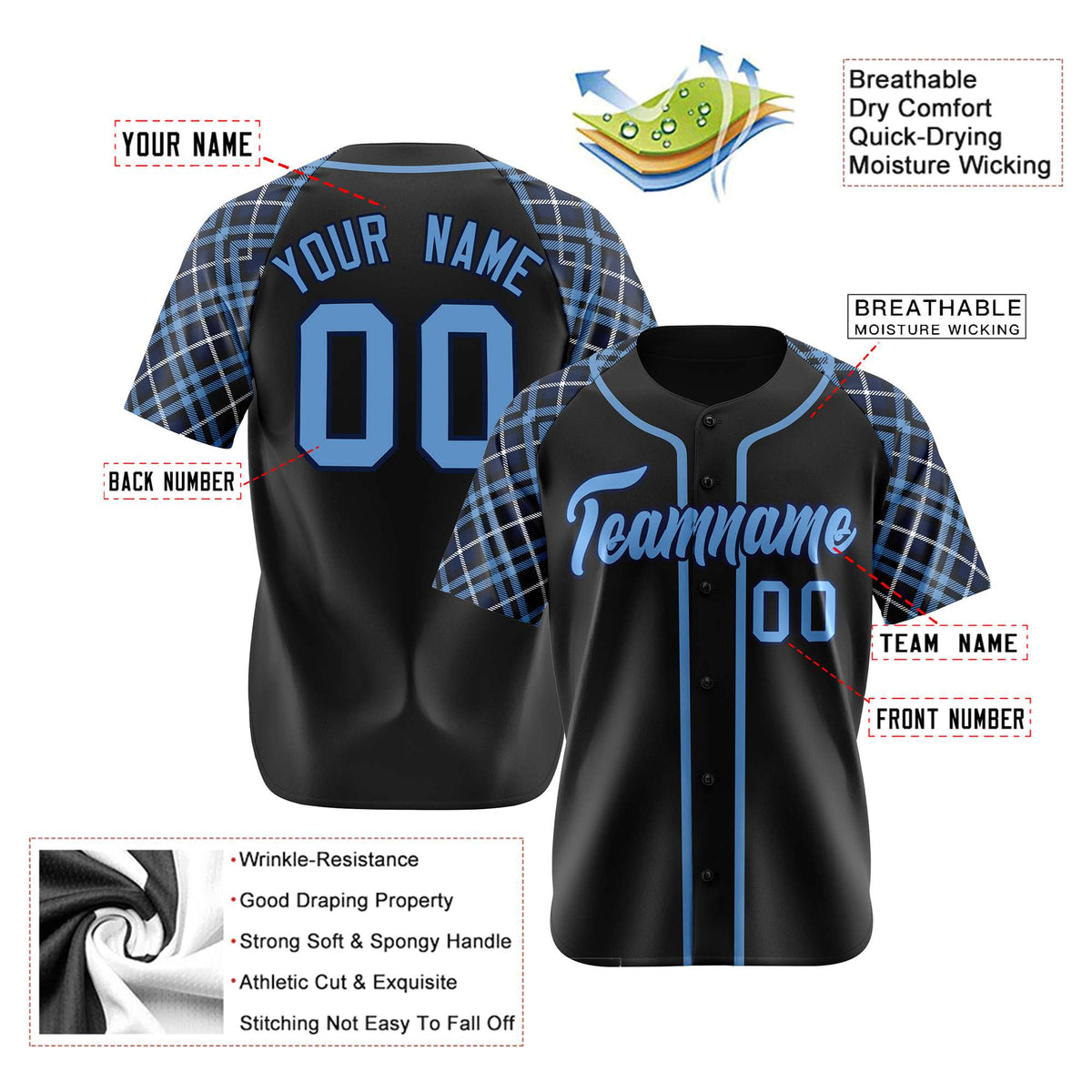 Custom Black Blue Authentic Plaid sleeve Baseball Jersey