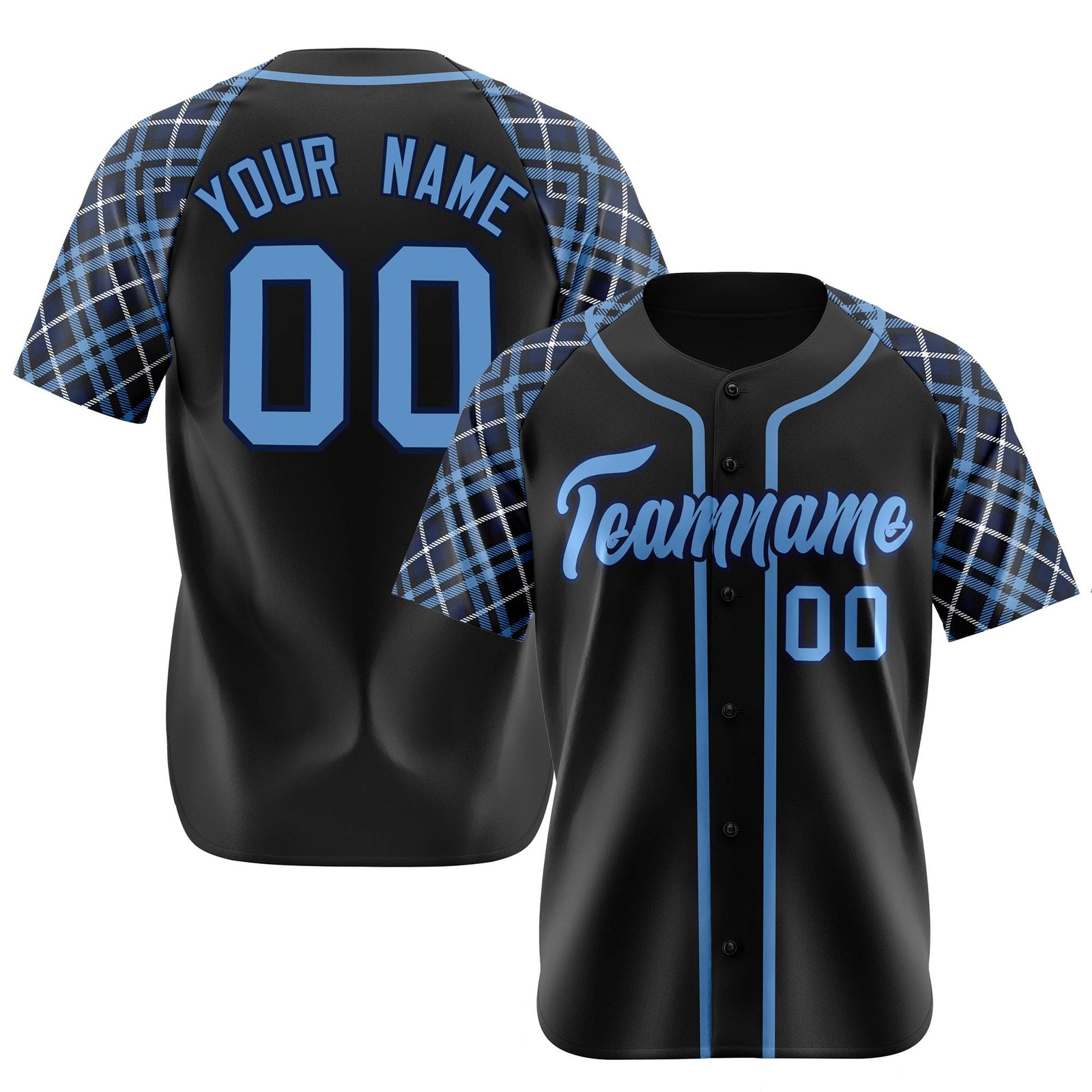 Custom Black Blue Authentic Plaid sleeve Baseball Jersey