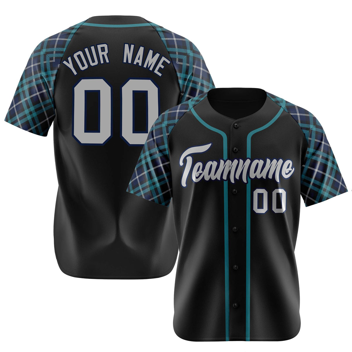 Custom Black Midnight-Green Gray Authentic Plaid sleeve Baseball Jersey