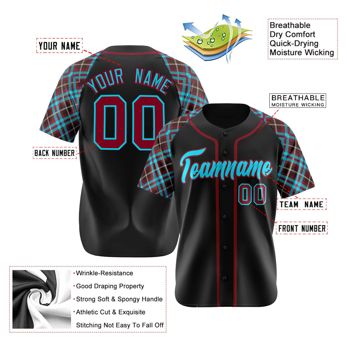 Custom Black Burgundy Light-Blue Authentic Plaid sleeve Baseball Jersey