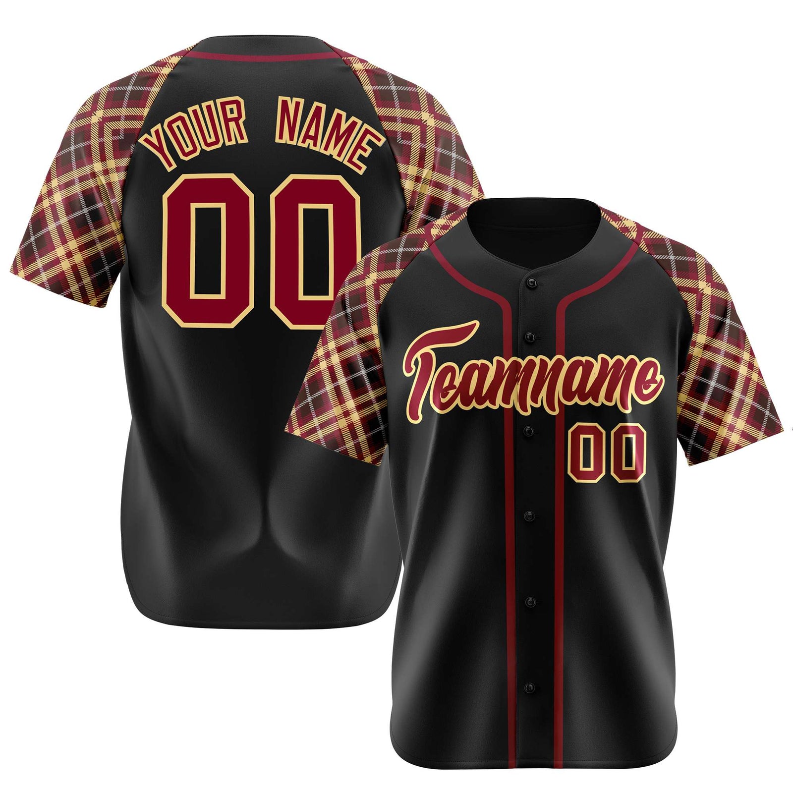 Custom Black Burgundy Old-Gold Authentic Plaid sleeve Baseball Jersey