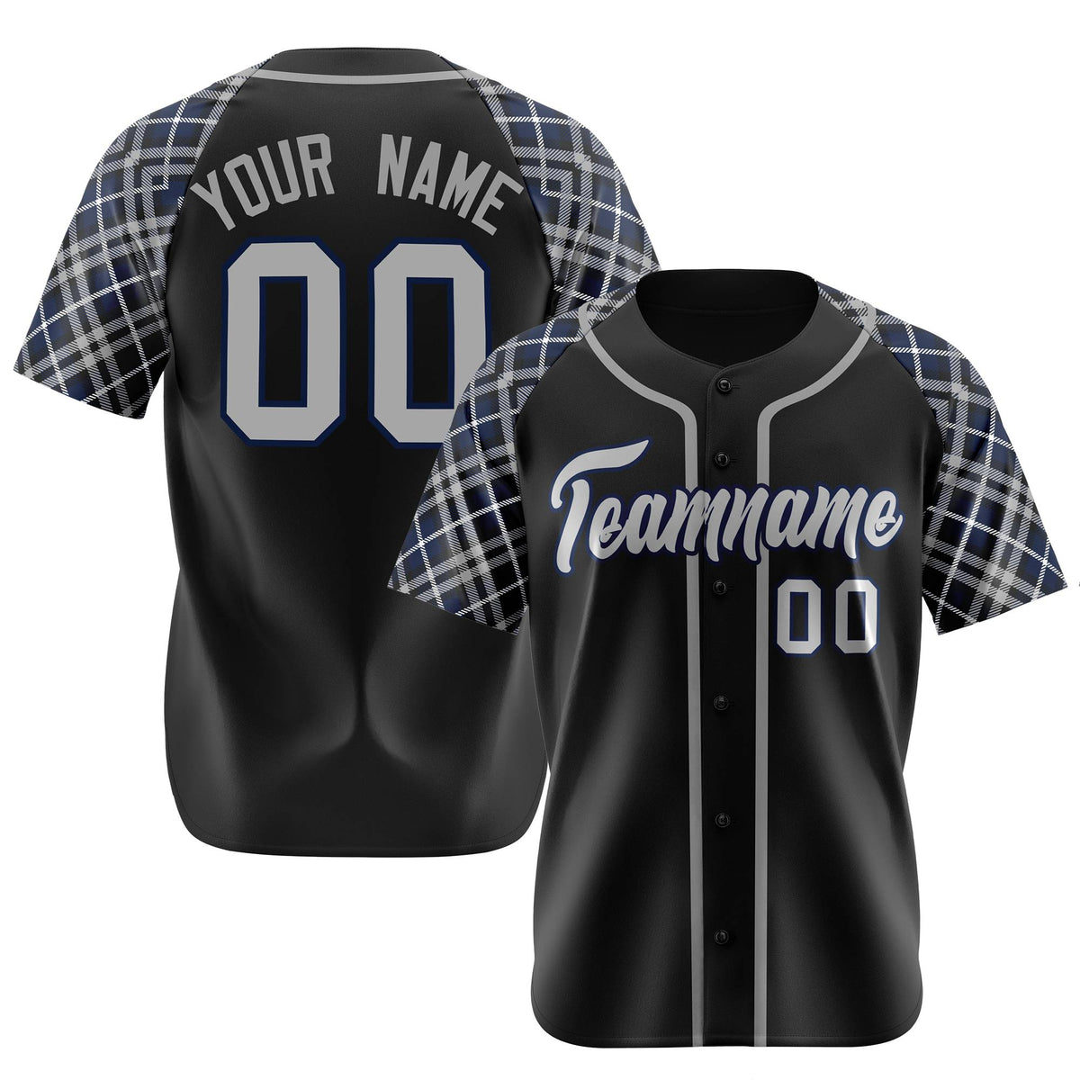 Custom Black Gray-Navy Authentic Plaid sleeve Baseball Jersey
