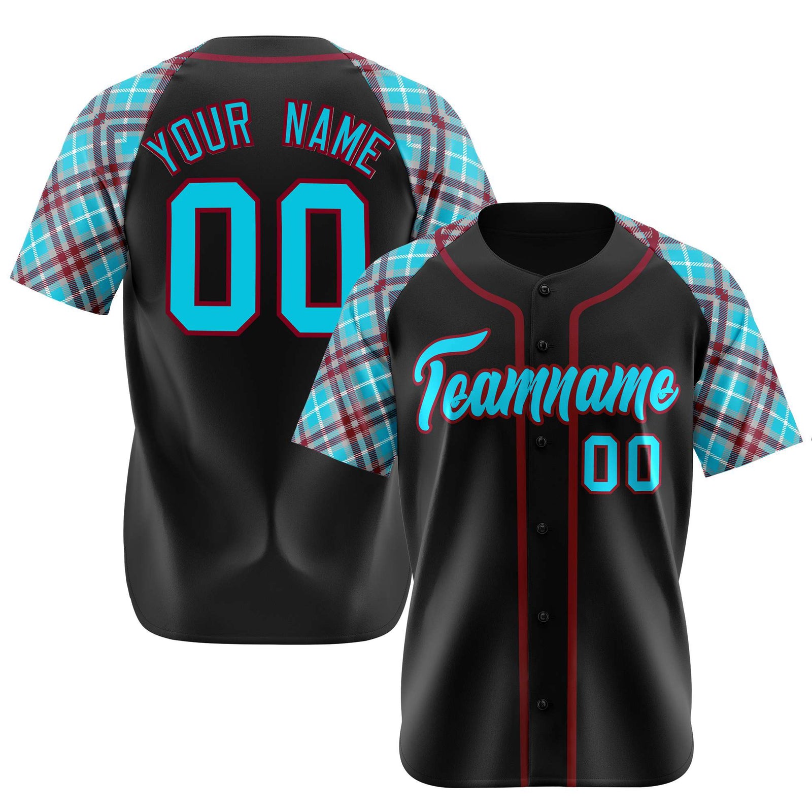Custom Black Burgundy Light-Bule Authentic Plaid sleeve Baseball Jersey