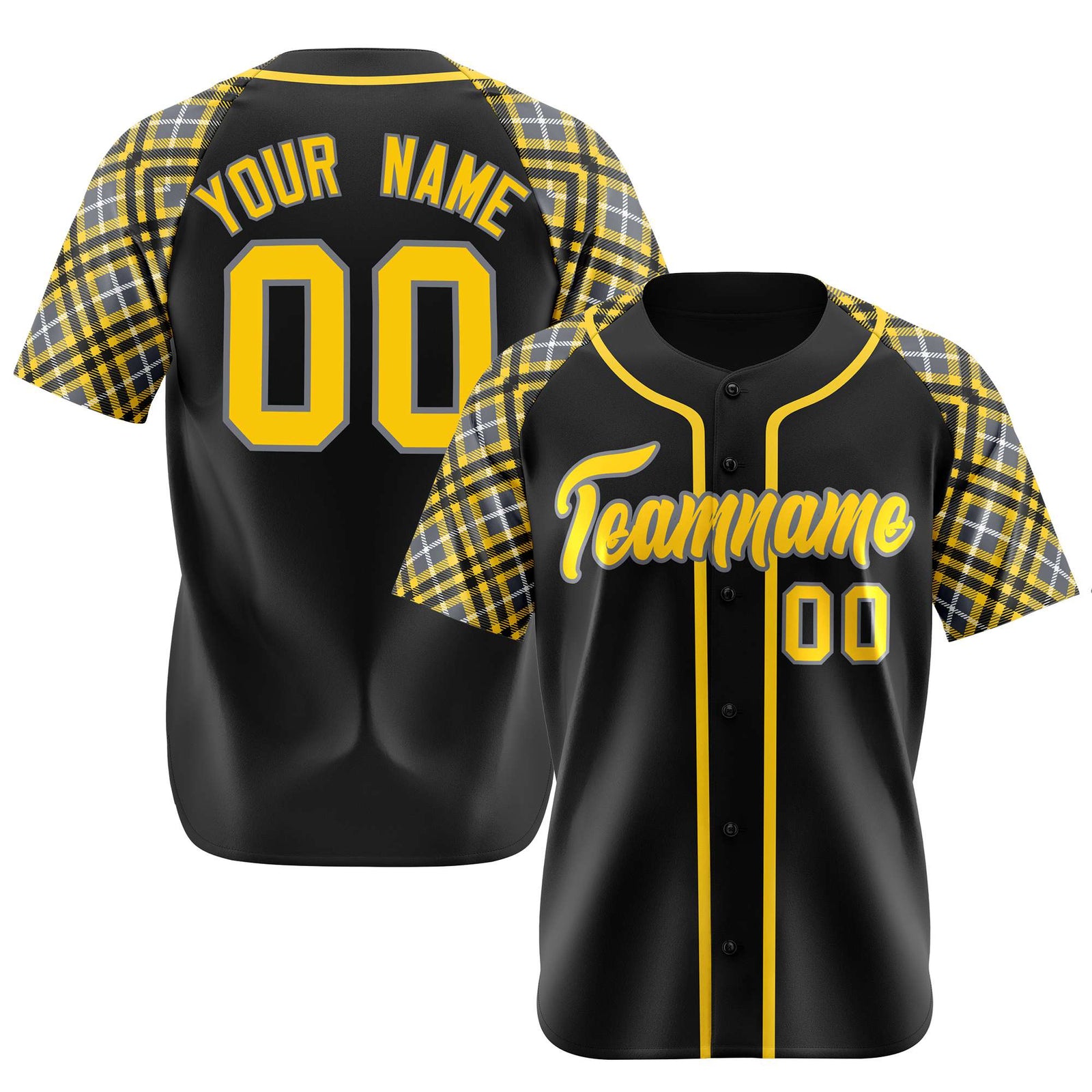 Custom Black Yellow-Gray Authentic Plaid sleeve Baseball Jersey