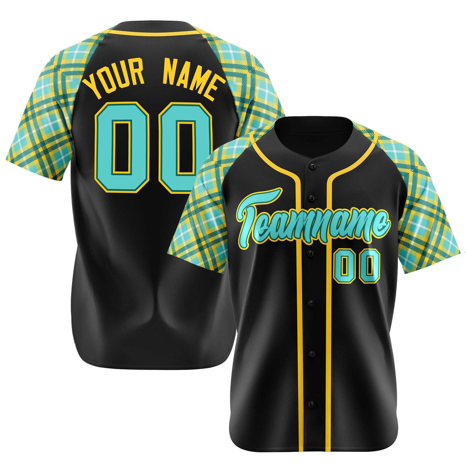 Custom Black Yellow Light-Bule Authentic Plaid sleeve Baseball Jersey