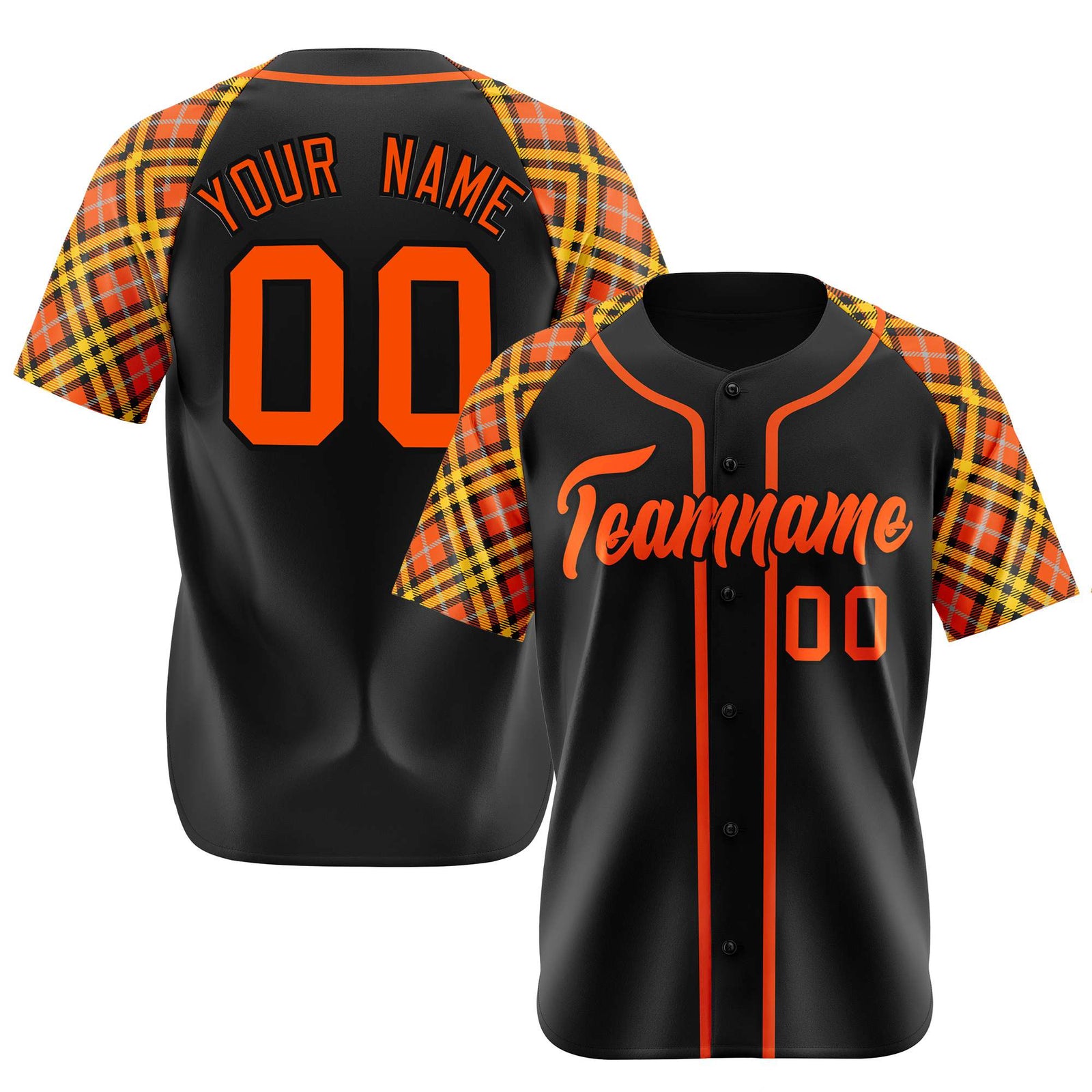 Custom Black Bay-Orange Yellow Authentic Plaid sleeve Baseball Jersey