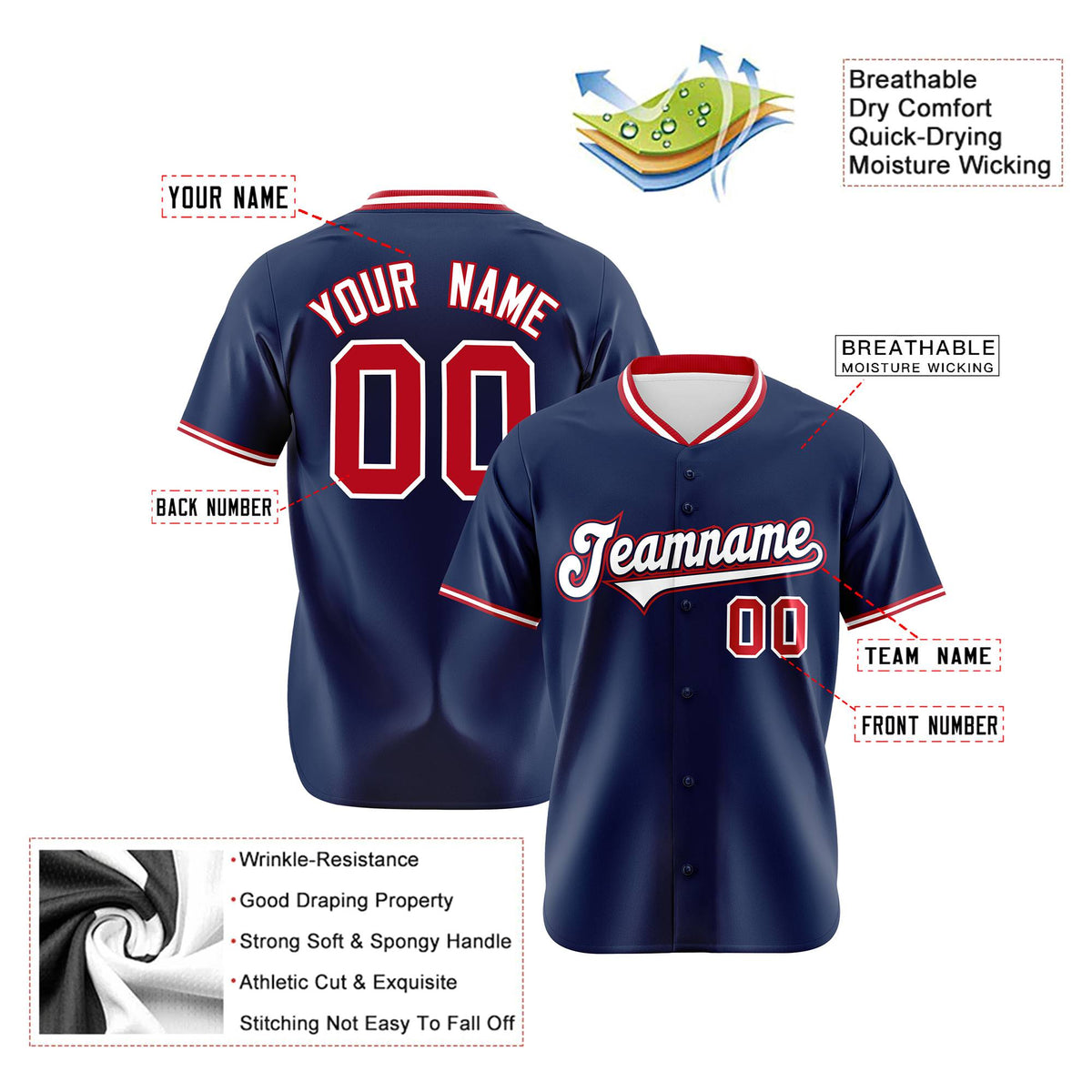 Custom Navy Red White Authentic Baseball Jersey