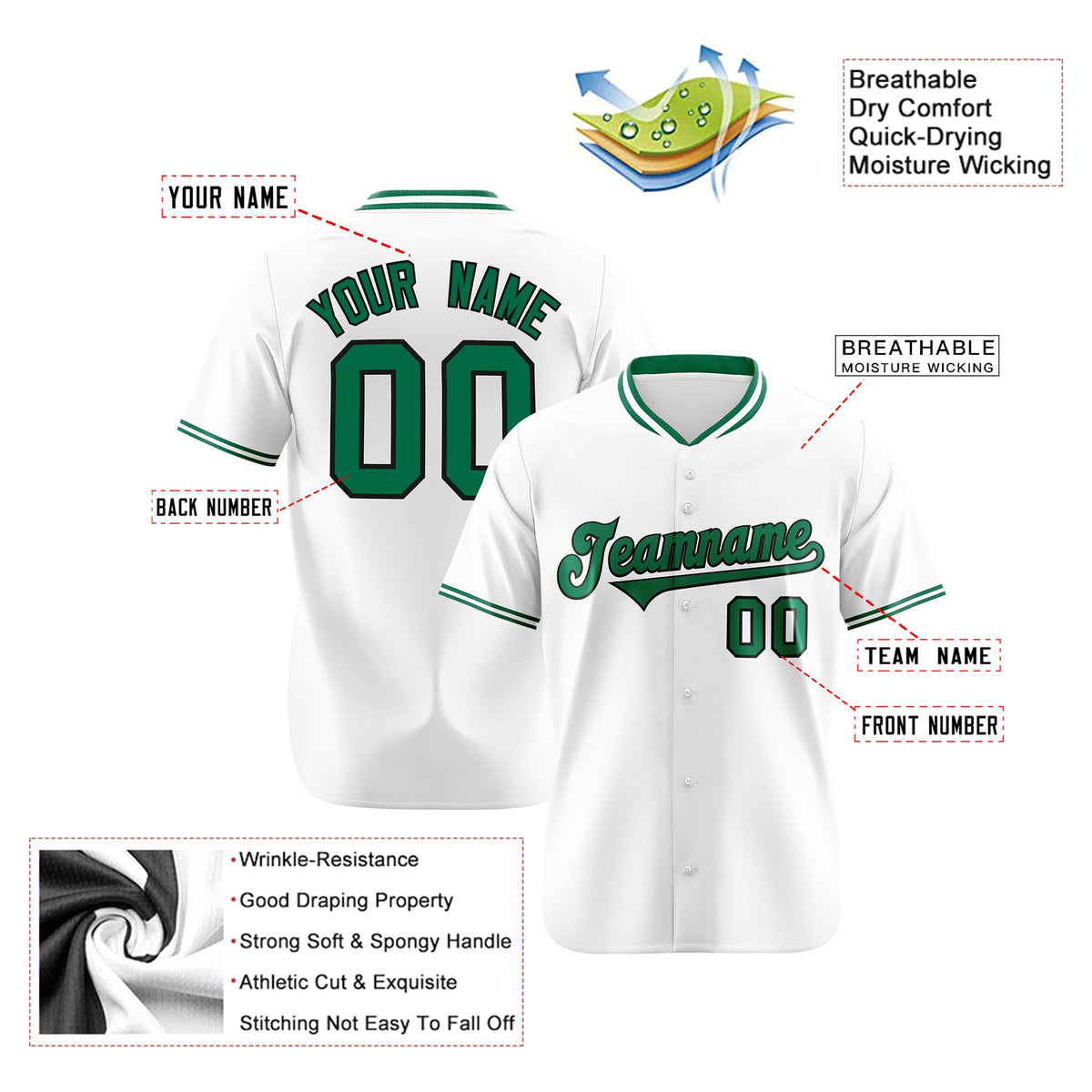 Custom White Kelly Green Black Authentic Baseball Jersey